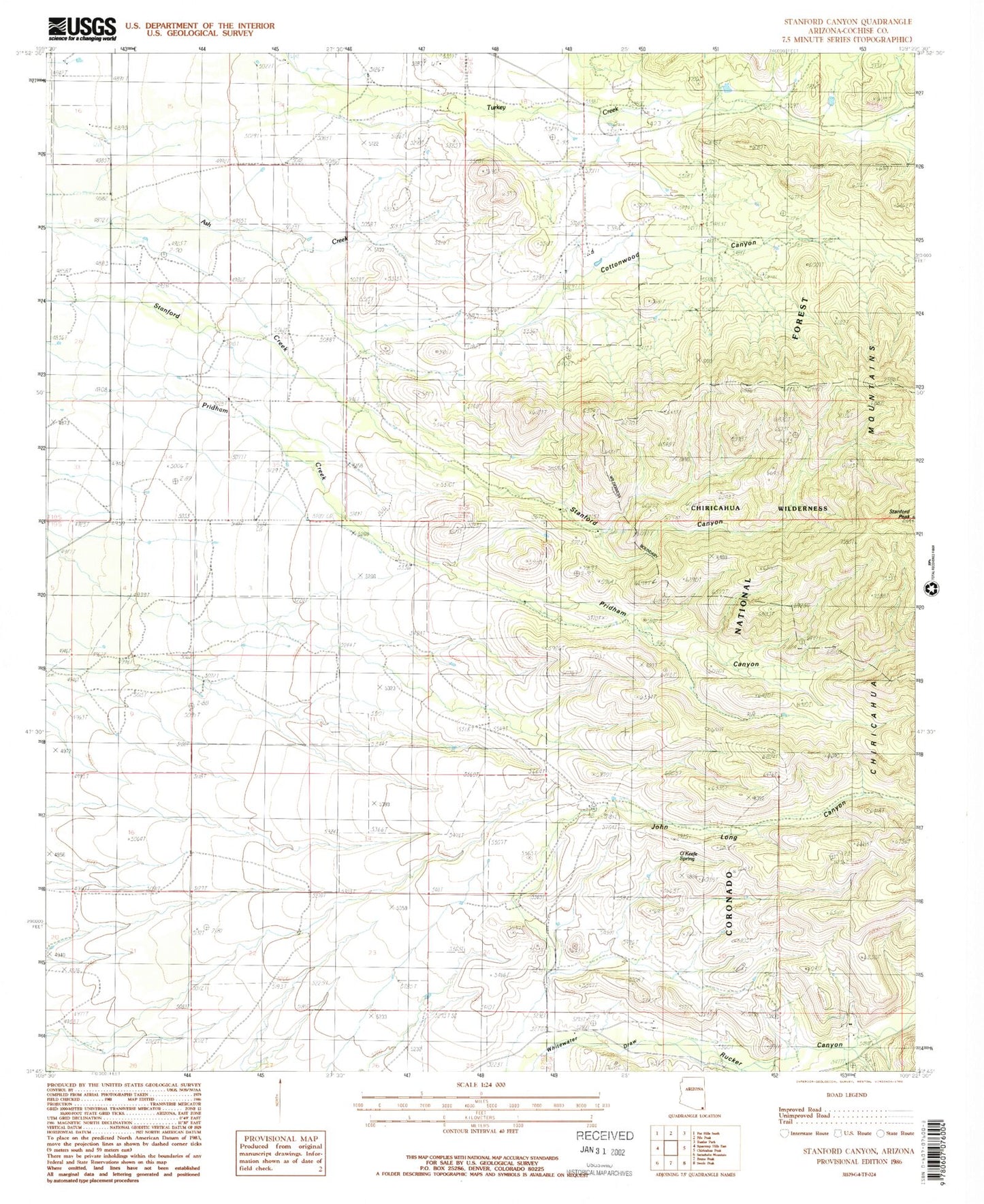 Classic USGS Stanford Canyon Arizona 7.5'x7.5' Topo Map Image