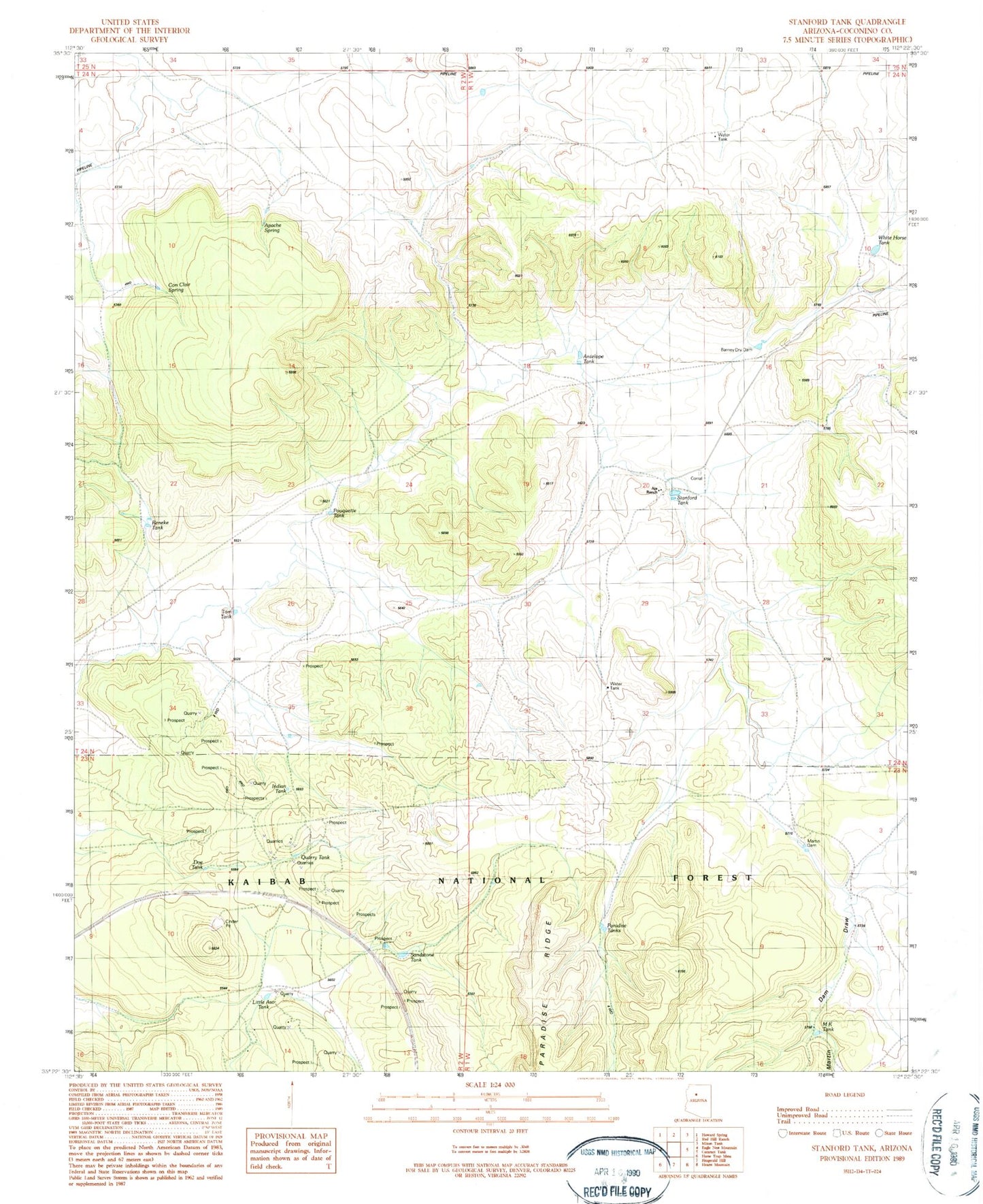 Classic USGS Stanford Tank Arizona 7.5'x7.5' Topo Map Image