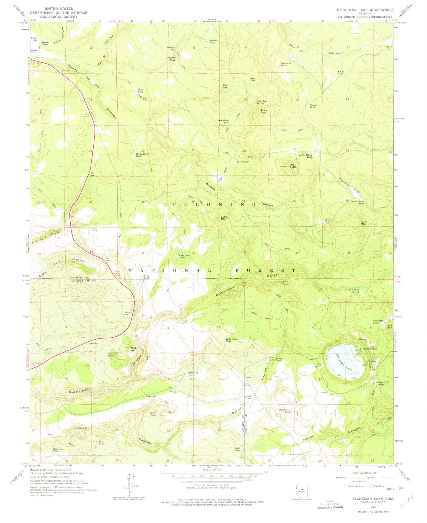 Classic USGS Stoneman Lake Arizona 7.5'x7.5' Topo Map Image