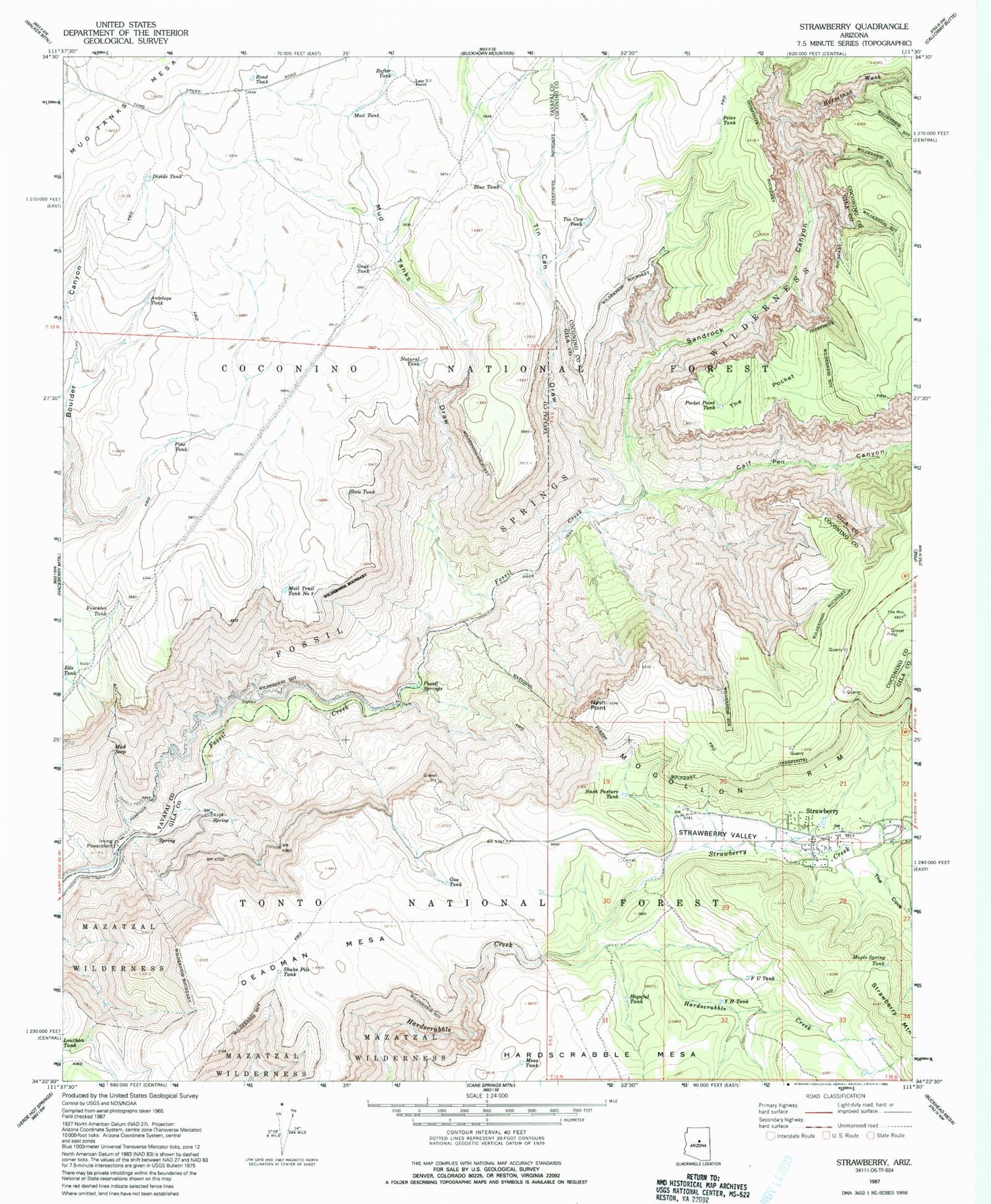 Classic USGS Strawberry Arizona 7.5'x7.5' Topo Map Image