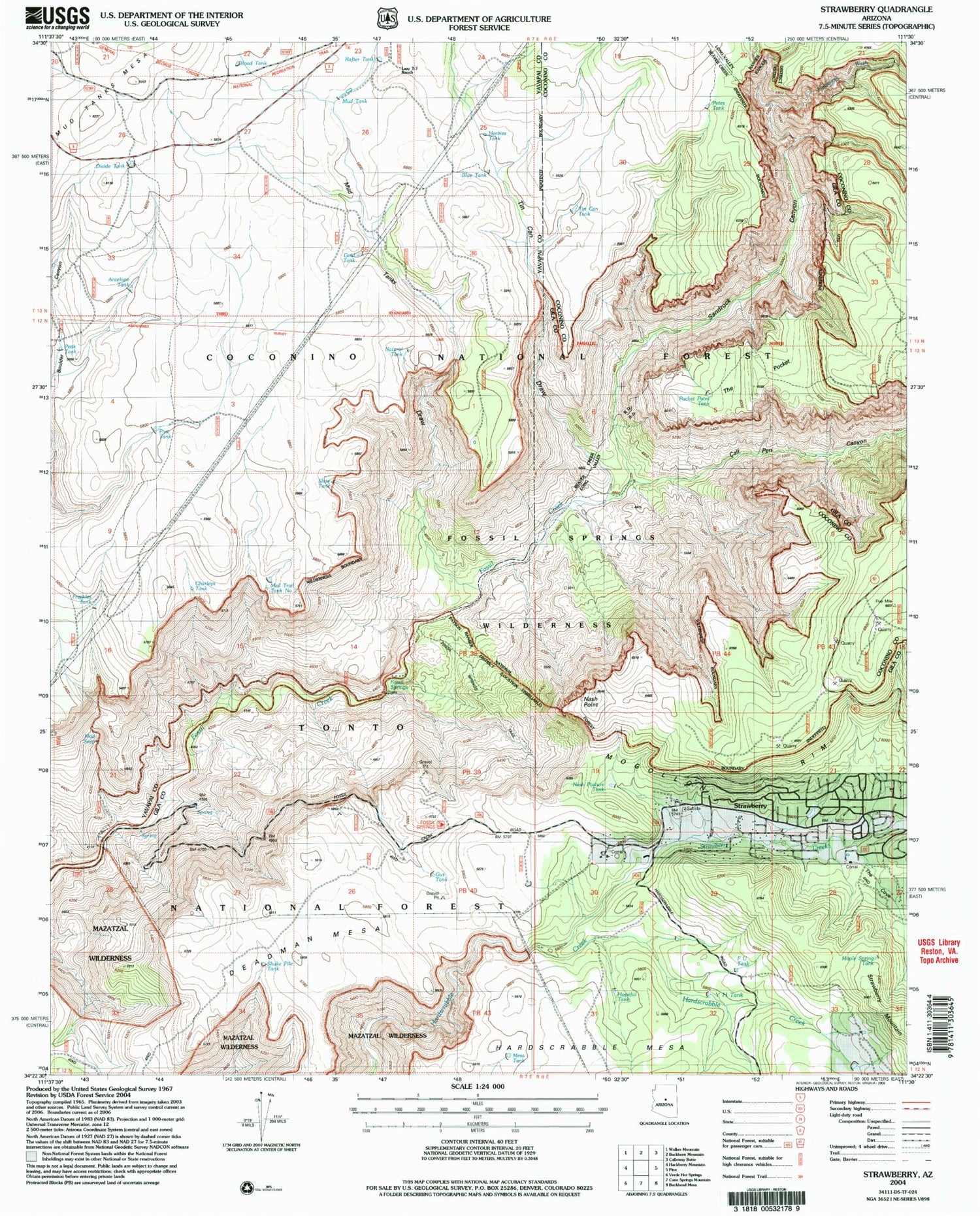 Classic USGS Strawberry Arizona 7.5'x7.5' Topo Map Image