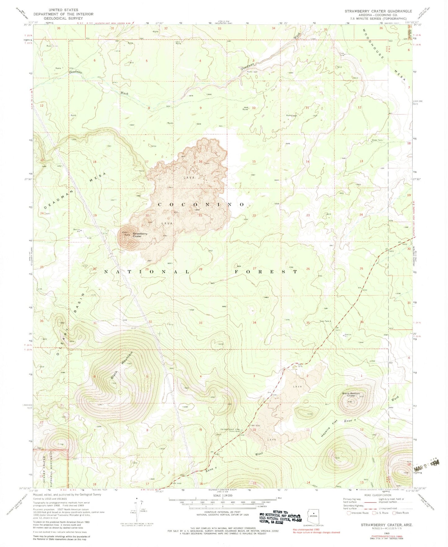 Classic USGS Strawberry Crater Arizona 7.5'x7.5' Topo Map Image
