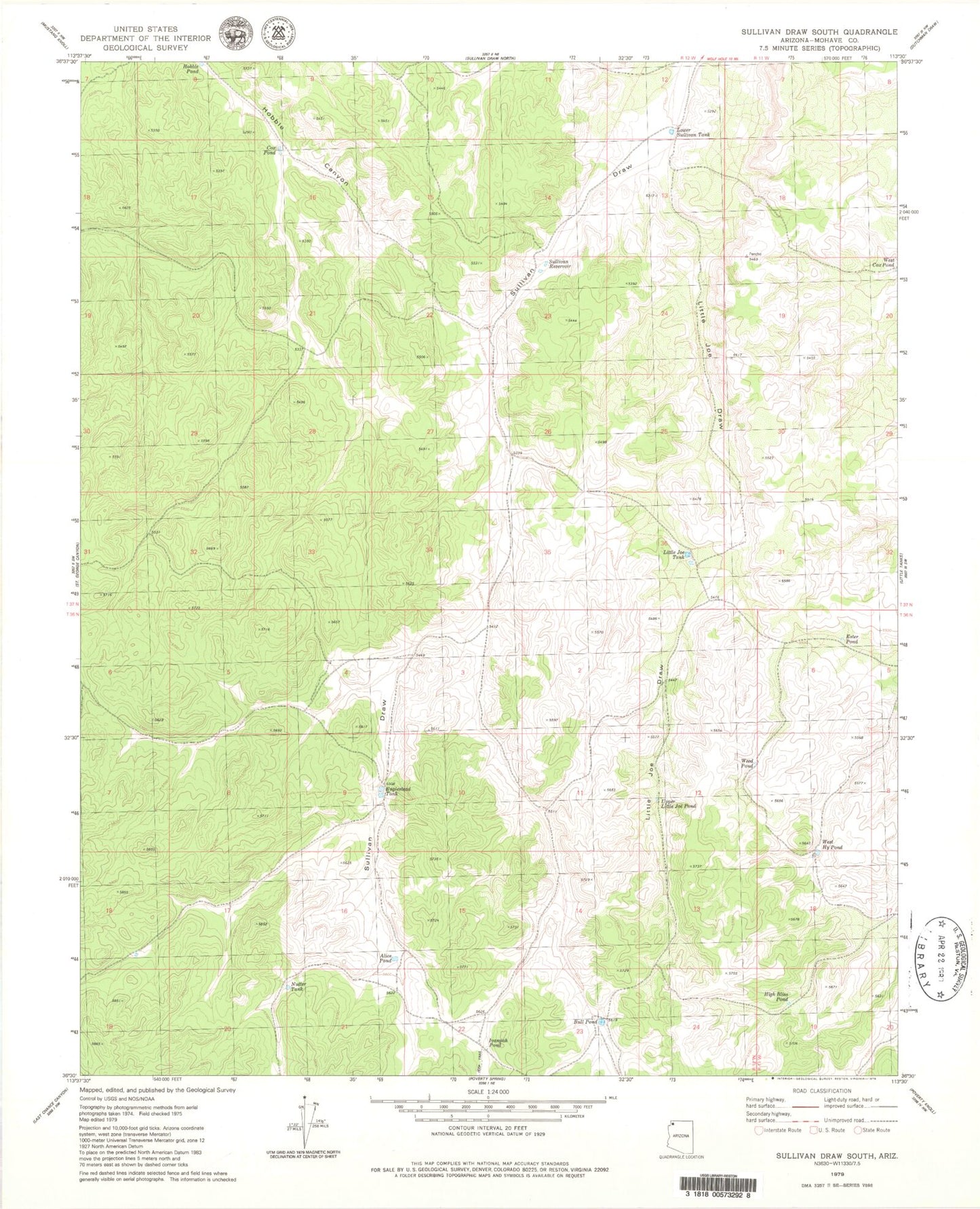 Classic USGS Sullivan Draw South Arizona 7.5'x7.5' Topo Map Image
