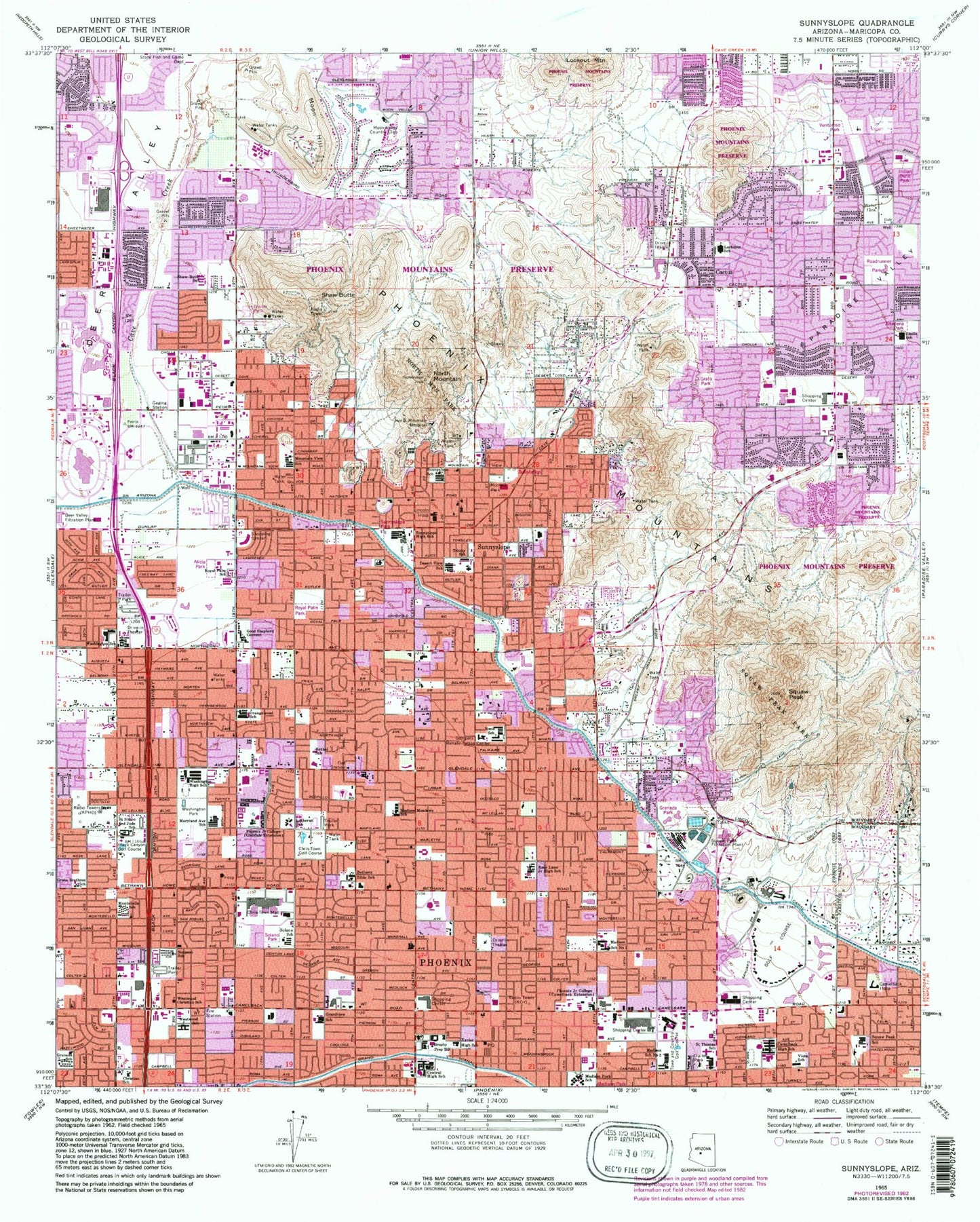Classic USGS Sunnyslope Arizona 7.5'x7.5' Topo Map Image