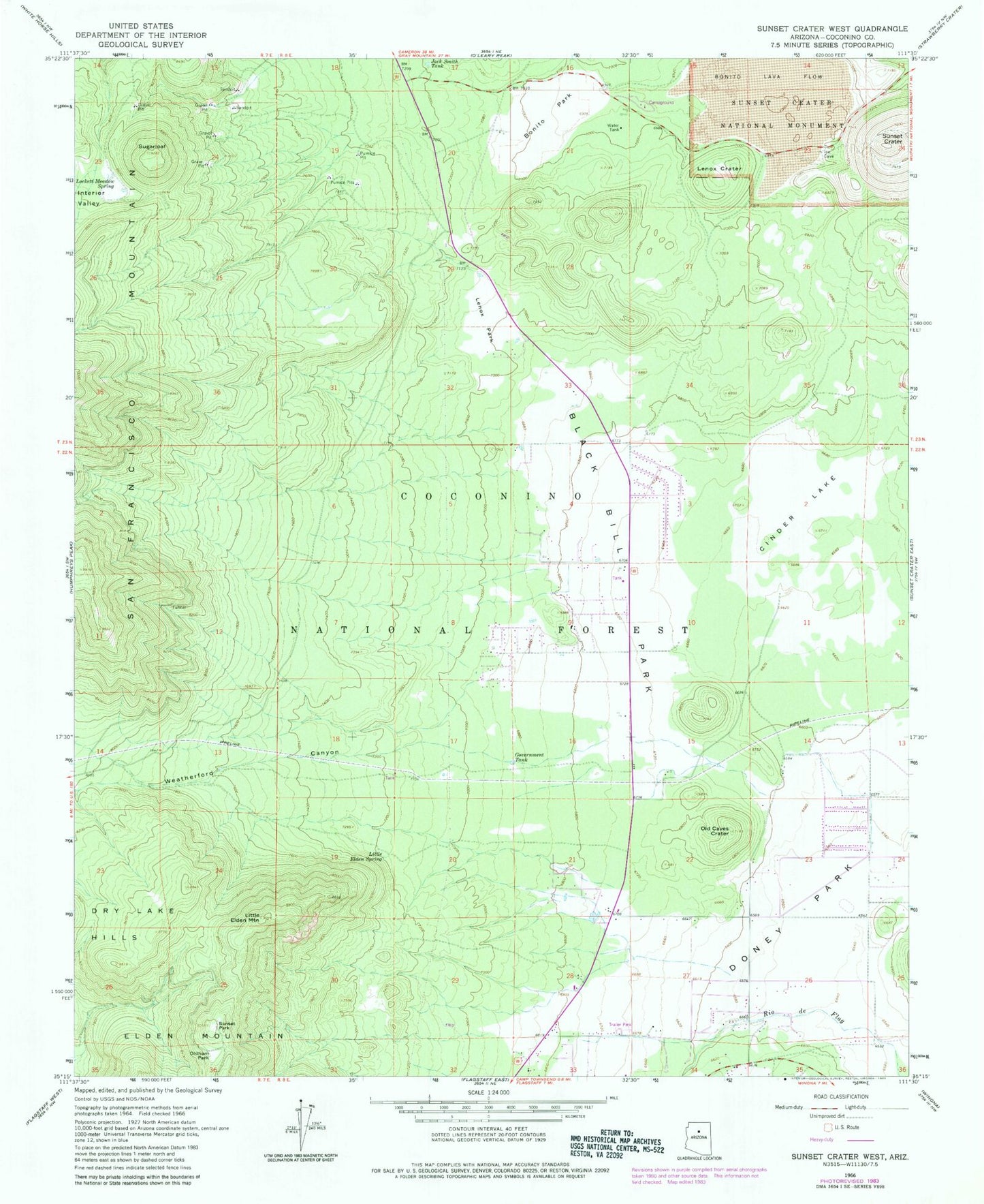 Classic USGS Sunset Crater West Arizona 7.5'x7.5' Topo Map Image