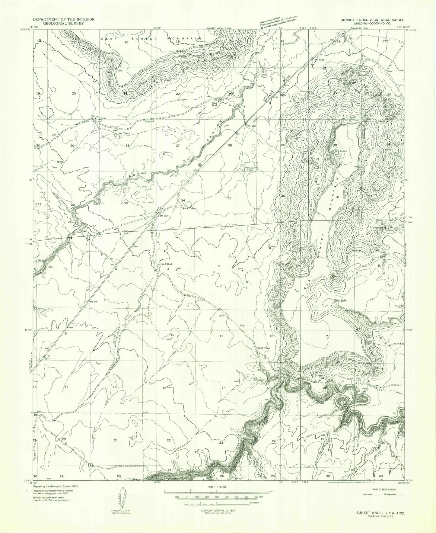 Classic USGS Sunset Pass Arizona 7.5'x7.5' Topo Map Image