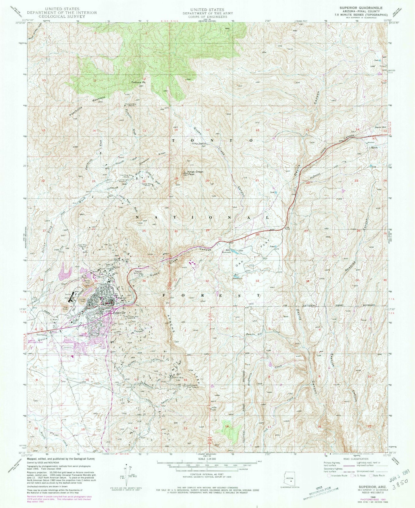 Classic USGS Superior Arizona 7.5'x7.5' Topo Map Image