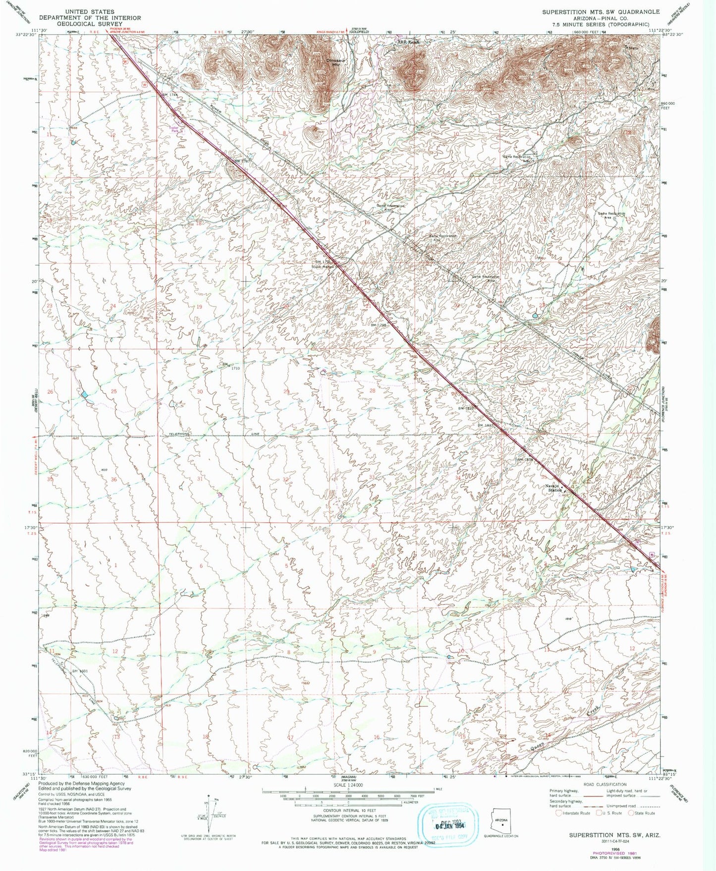 Classic USGS Superstition Mountains SW Arizona 7.5'x7.5' Topo Map Image