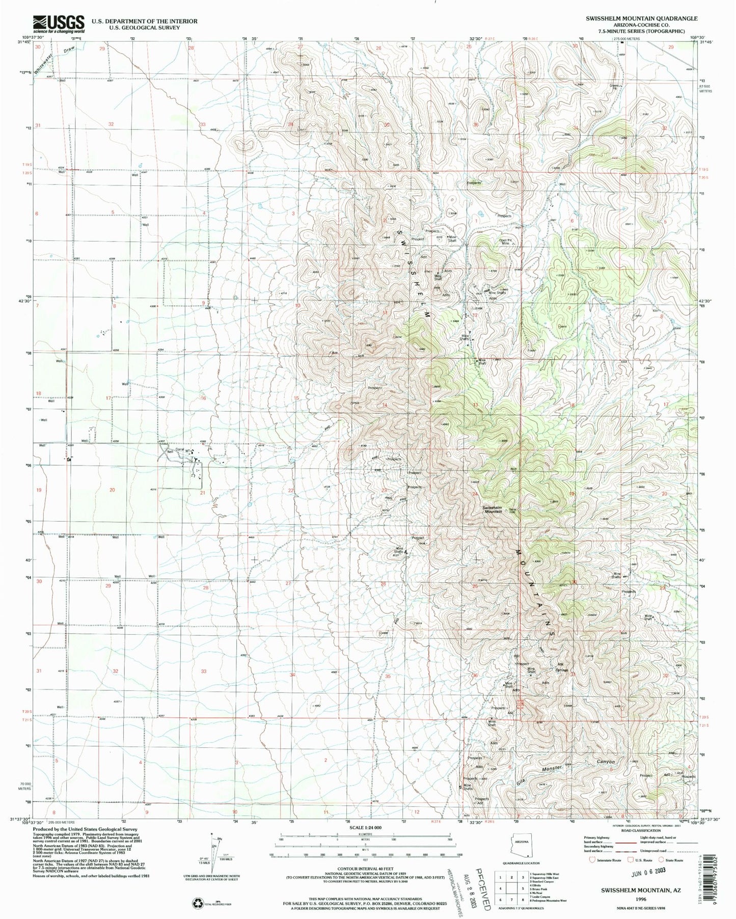 Classic USGS Swisshelm Mountain Arizona 7.5'x7.5' Topo Map Image