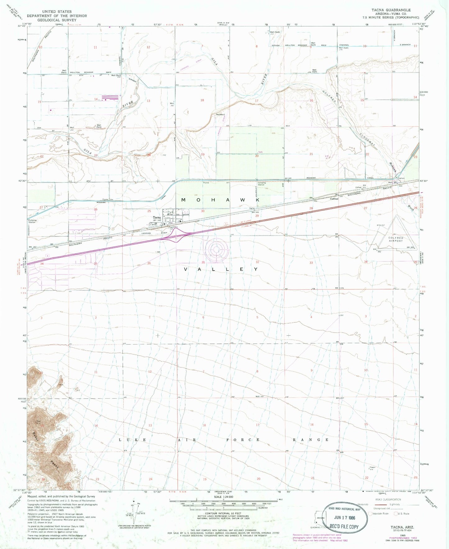 Classic USGS Tacna Arizona 7.5'x7.5' Topo Map Image