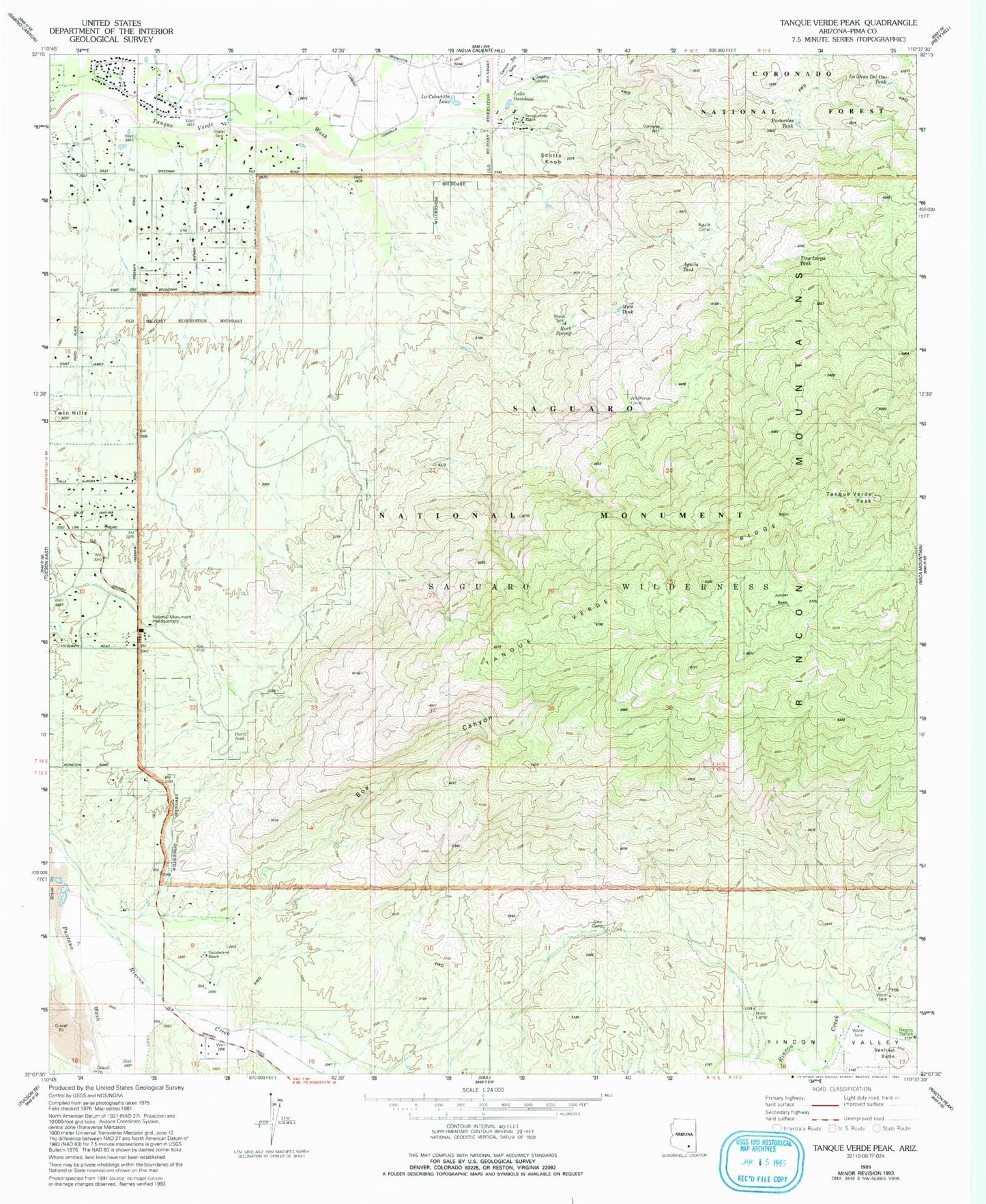 Classic USGS Tanque Verde Peak Arizona 7.5'x7.5' Topo Map Image