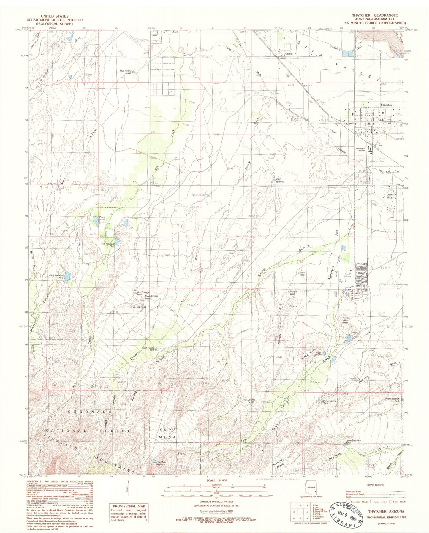 Classic USGS Thatcher Arizona 7.5'x7.5' Topo Map Image