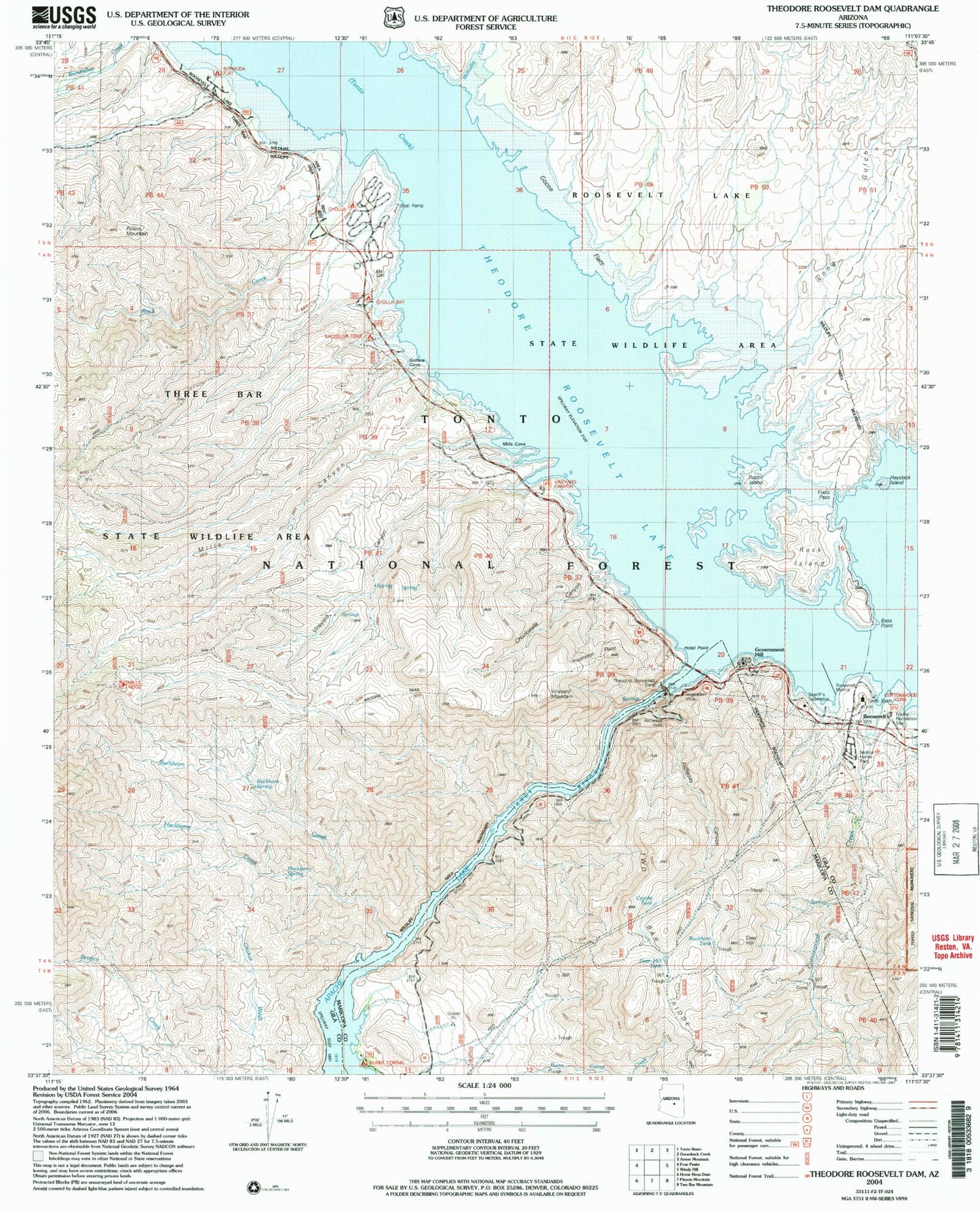 Classic USGS Theodore Roosevelt Dam Arizona 7.5'x7.5' Topo Map Image