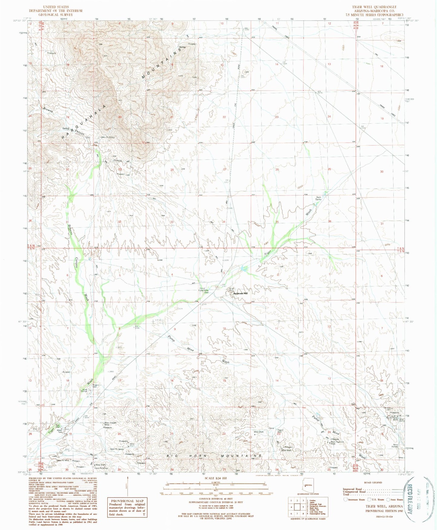 Classic USGS Tiger Well Arizona 7.5'x7.5' Topo Map Image