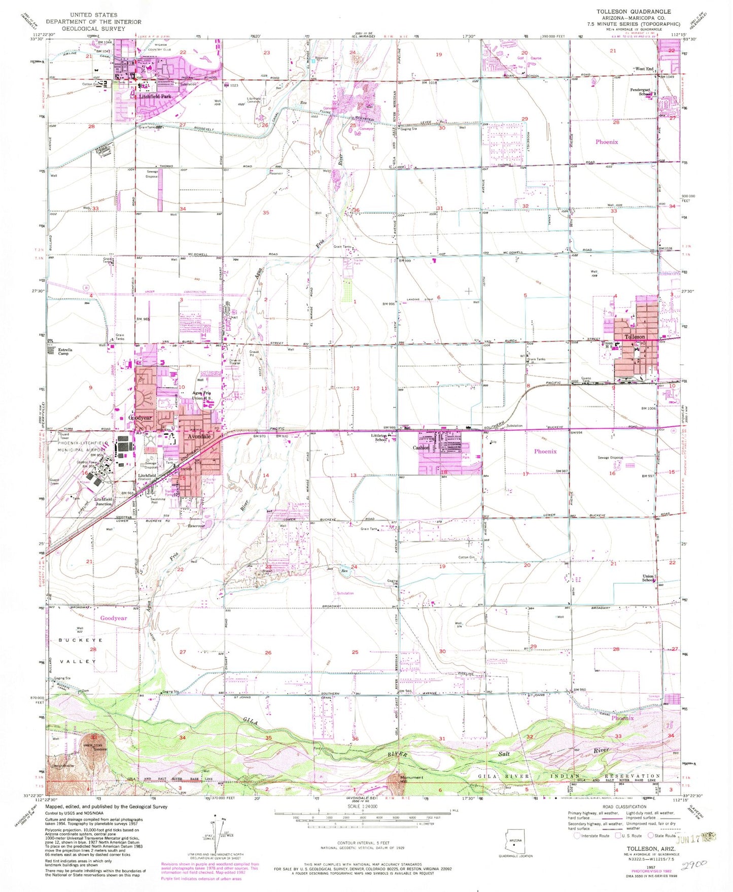 Classic USGS Tolleson Arizona 7.5'x7.5' Topo Map Image