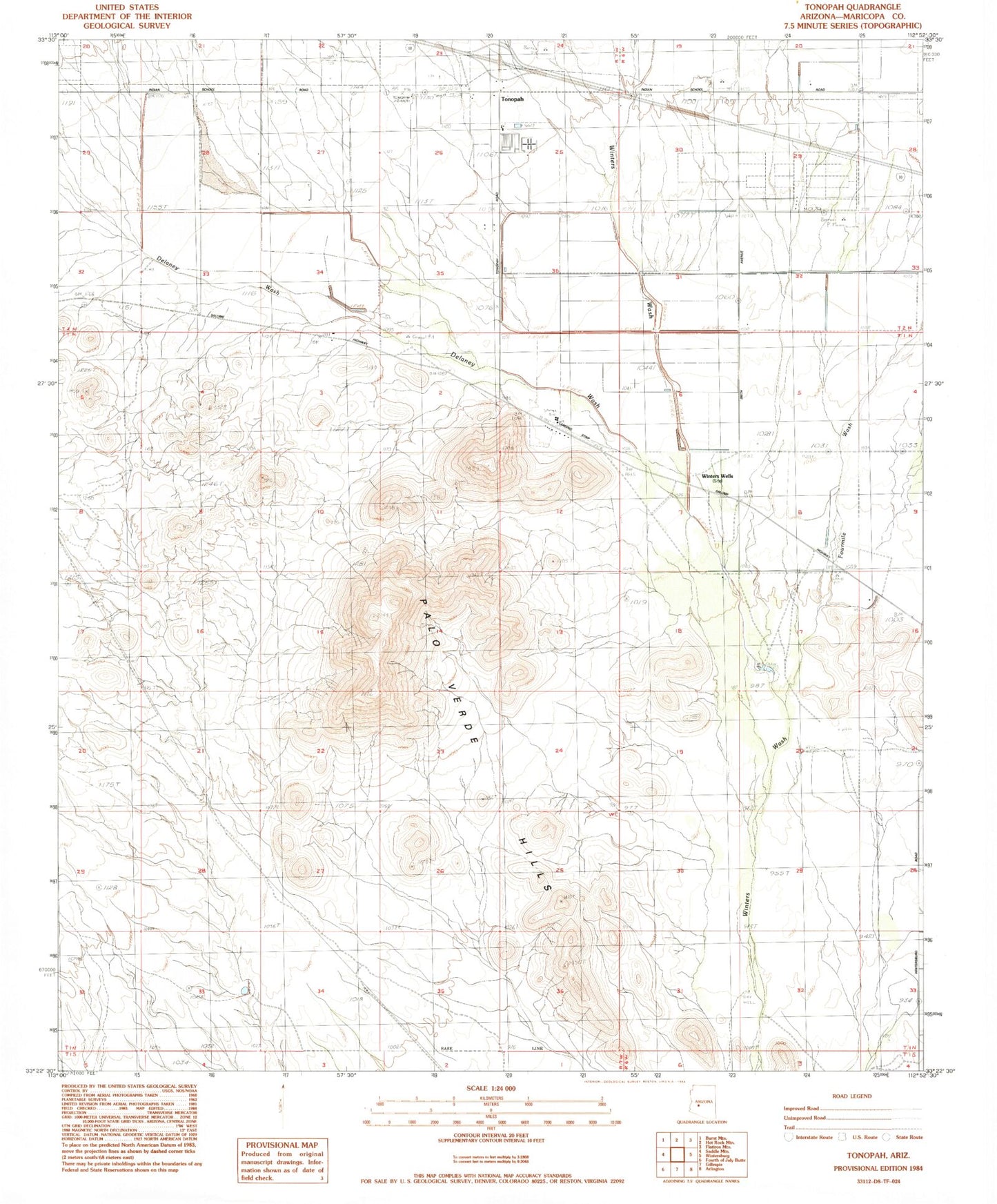 Classic USGS Tonopah Arizona 7.5'x7.5' Topo Map Image