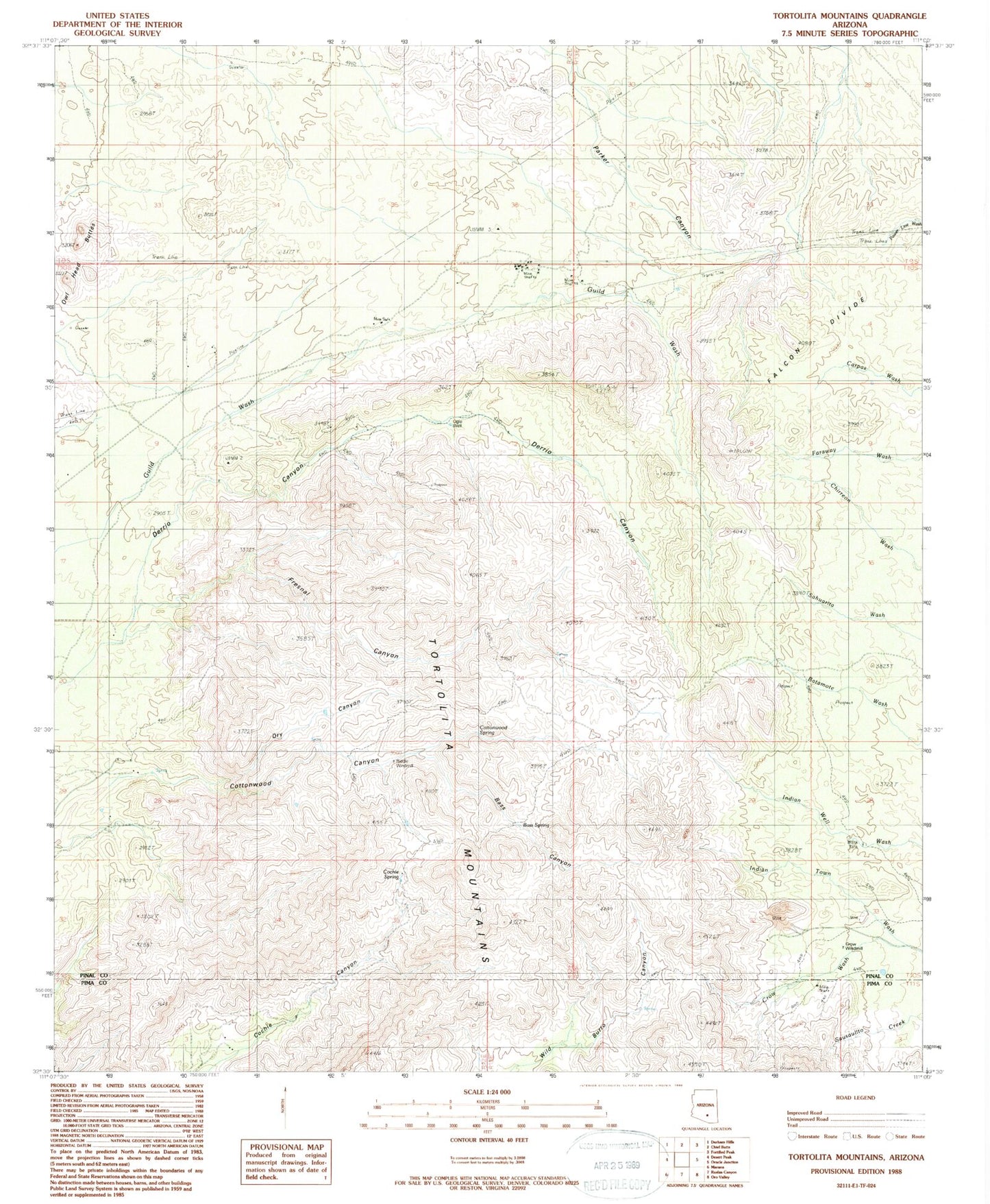 Classic USGS Tortolita Mountains Arizona 7.5'x7.5' Topo Map Image