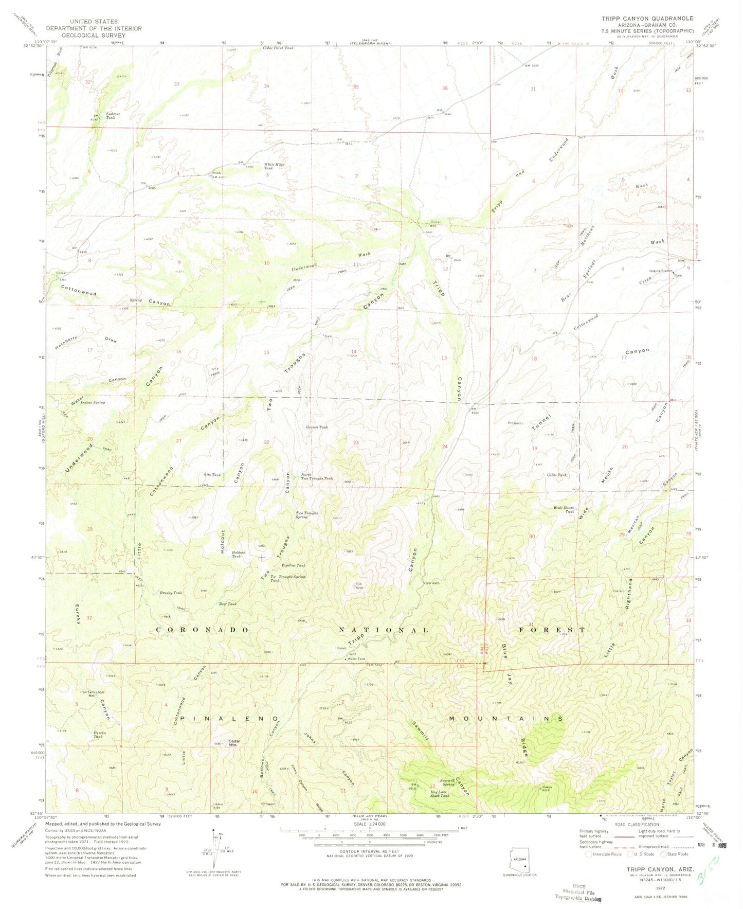 Classic USGS Tripp Canyon Arizona 7.5'x7.5' Topo Map Image