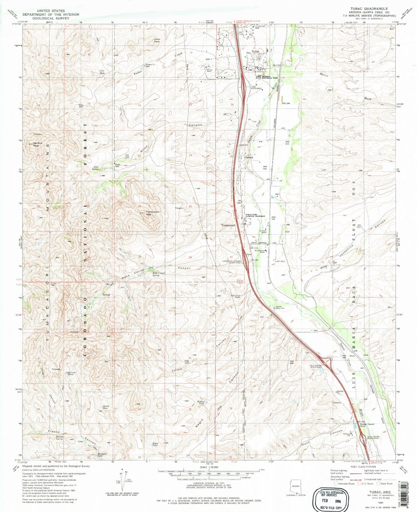 Classic USGS Tubac Arizona 7.5'x7.5' Topo Map Image