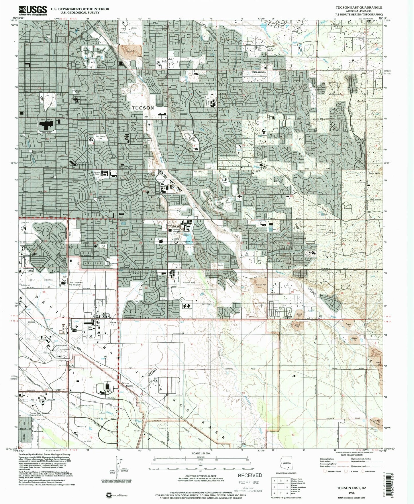 Classic USGS Tucson East Arizona 7.5'x7.5' Topo Map Image