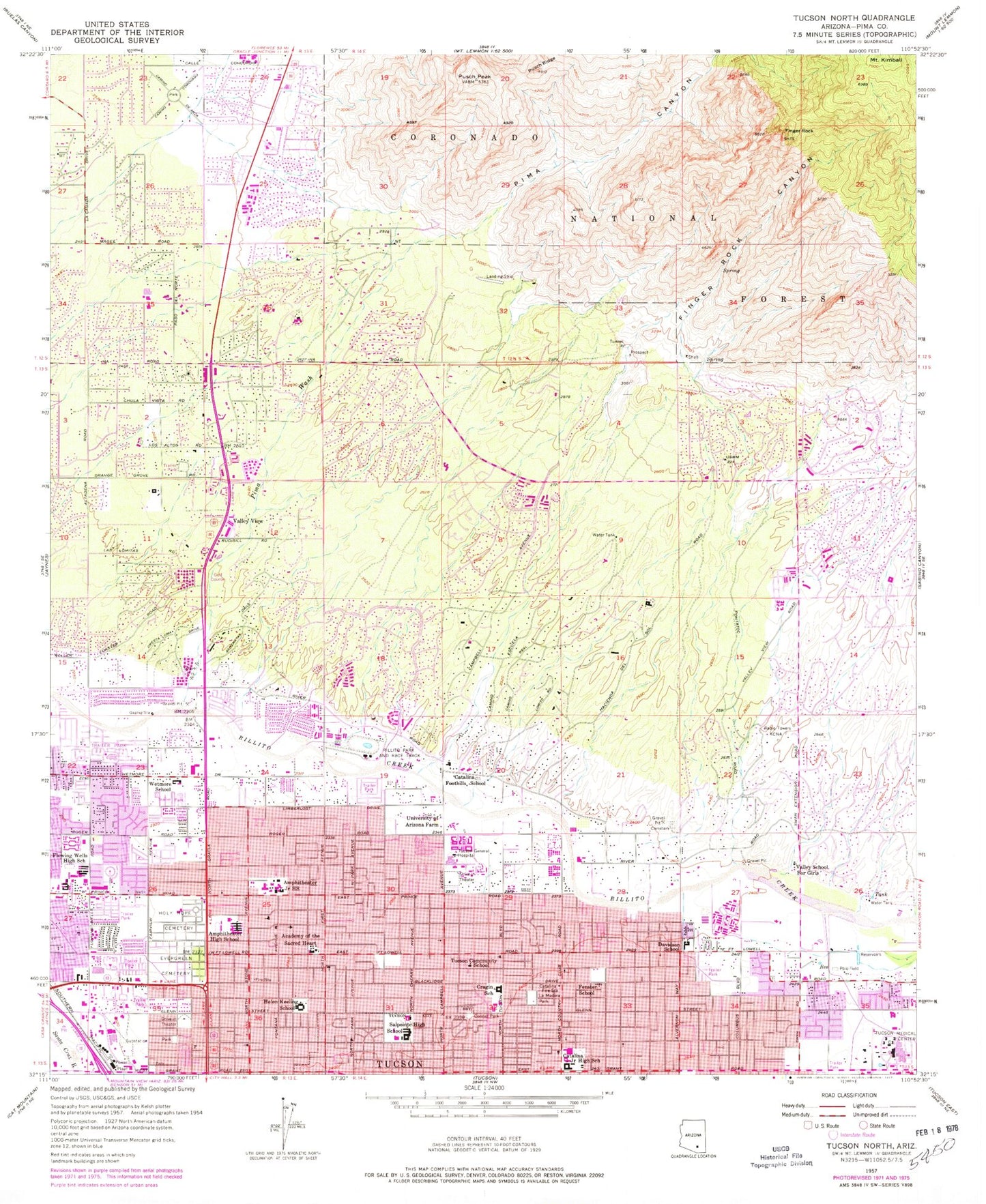 Classic USGS Tucson North Arizona 7.5'x7.5' Topo Map Image