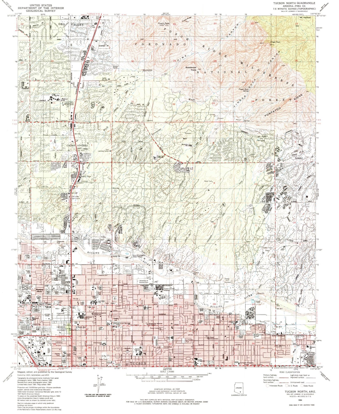 Classic USGS Tucson North Arizona 7.5'x7.5' Topo Map Image