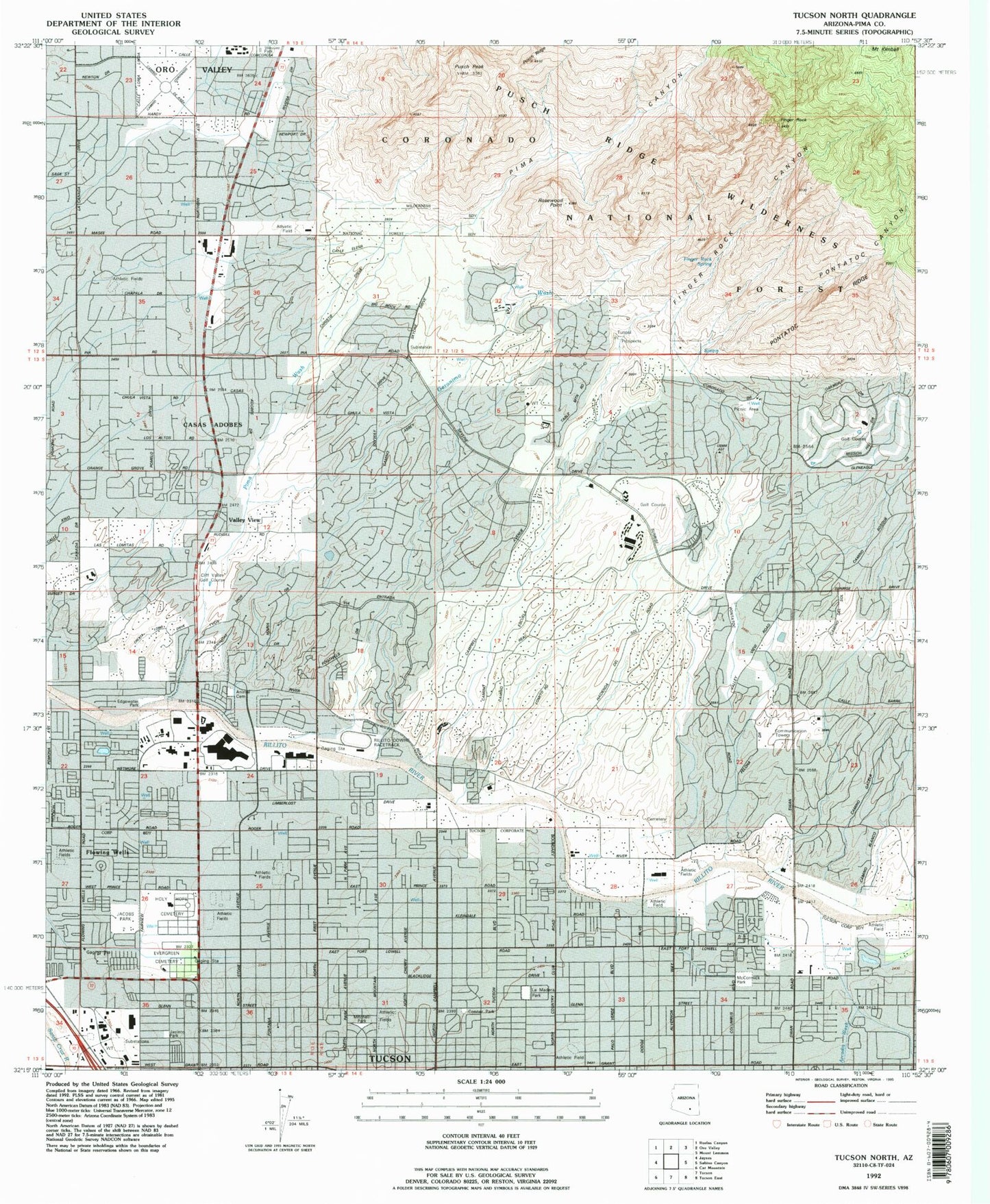 Classic USGS Tucson North Arizona 7.5'x7.5' Topo Map Image