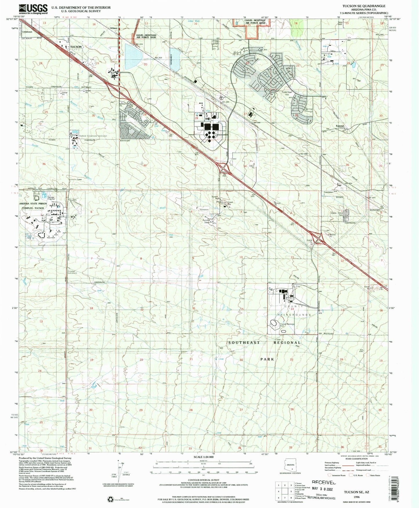 Classic USGS Tucson SE Arizona 7.5'x7.5' Topo Map Image