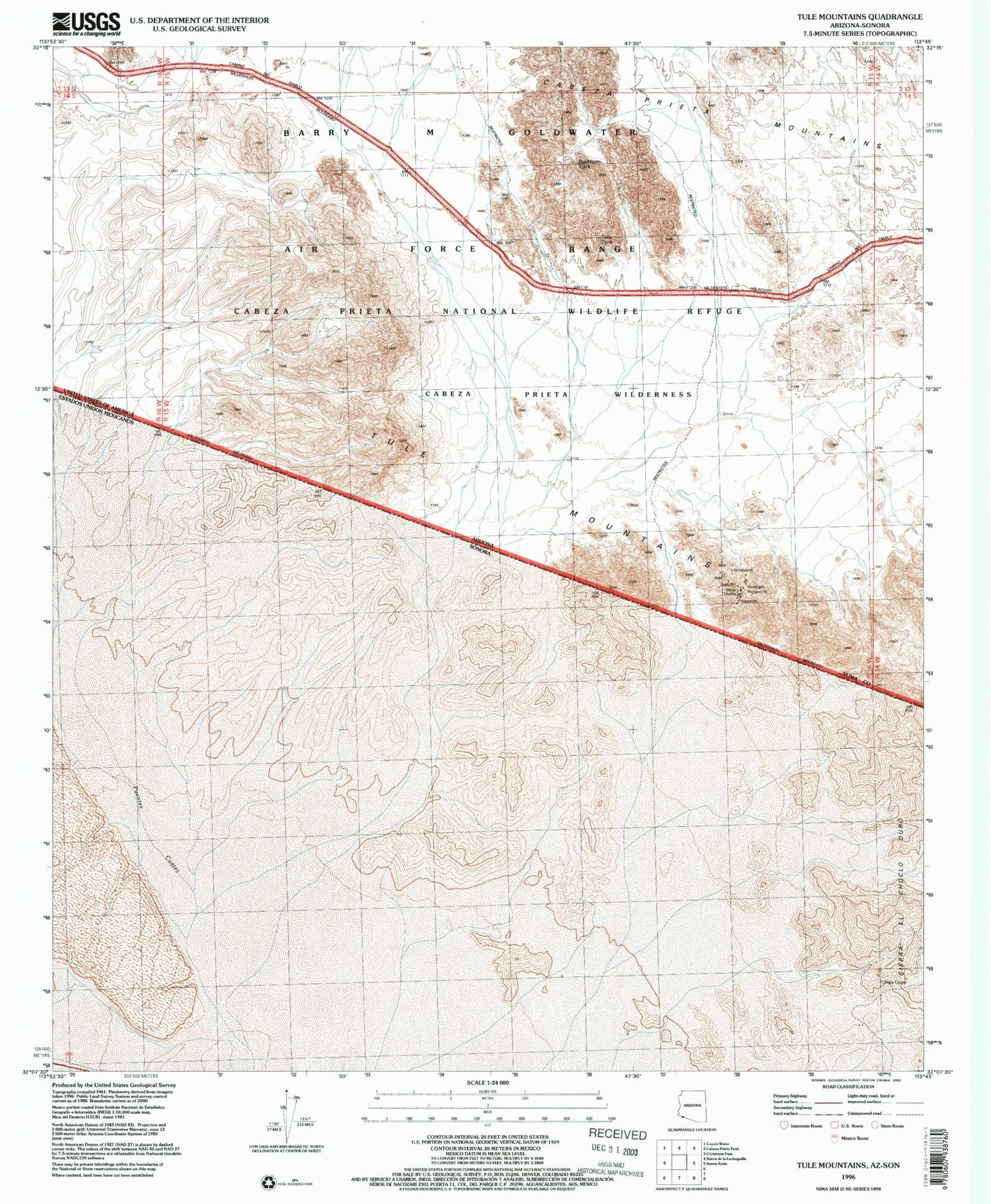 Classic USGS Tule Mountains Arizona 7.5'x7.5' Topo Map Image