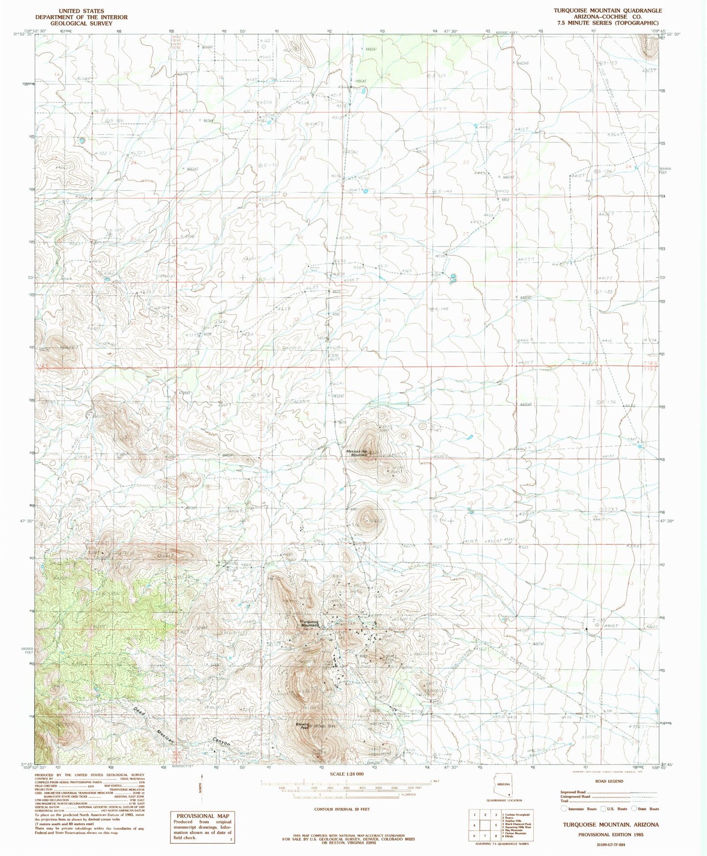 Classic USGS Turquoise Mountain Arizona 7.5'x7.5' Topo Map Image