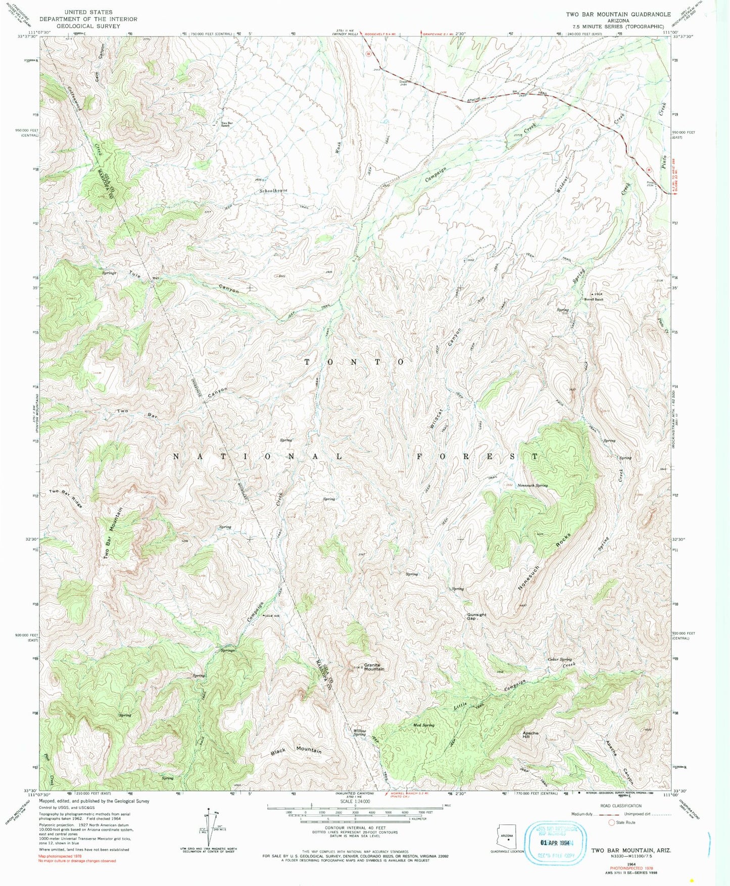 Classic USGS Two Bar Mountain Arizona 7.5'x7.5' Topo Map Image