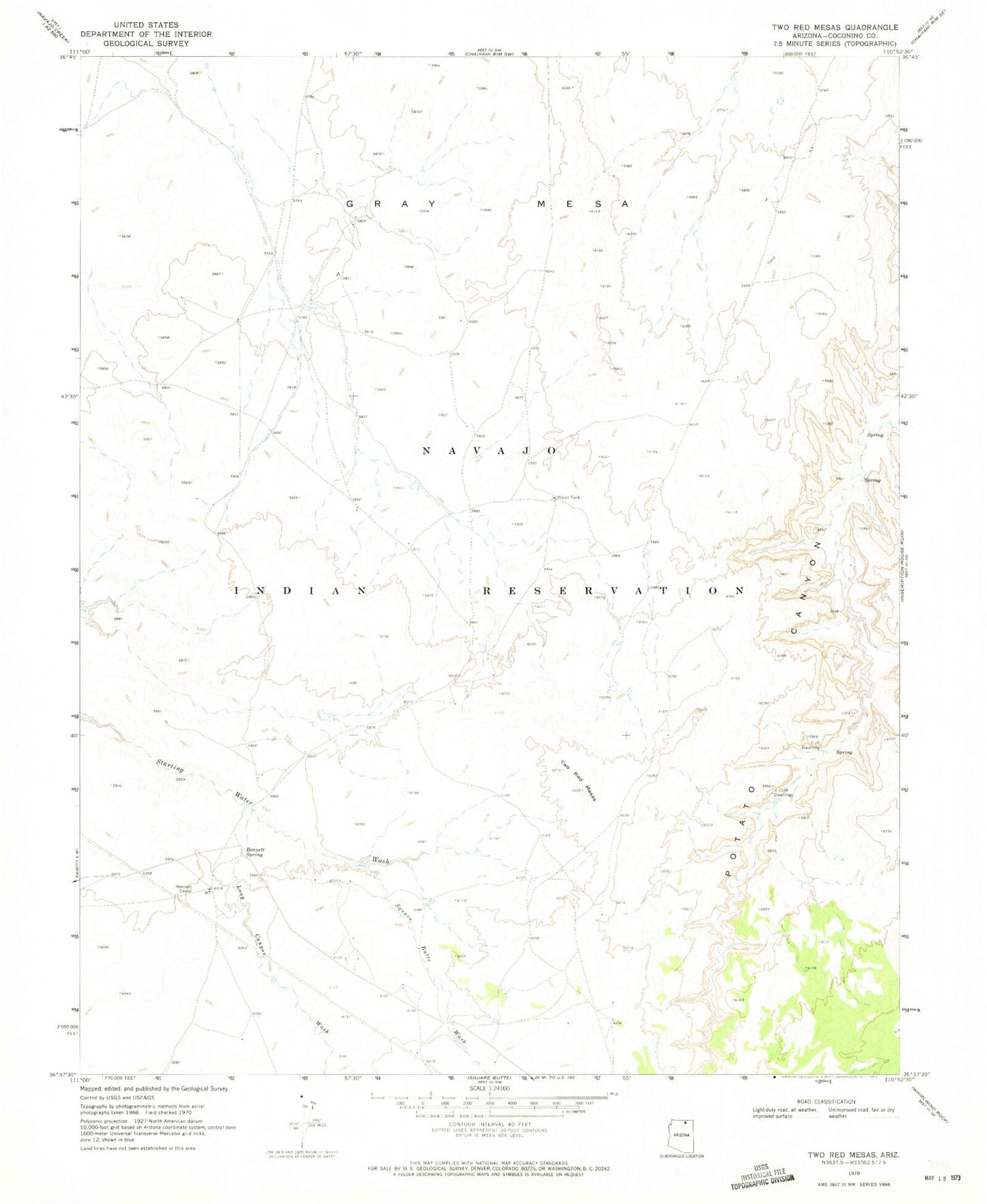 Classic USGS Two Red Mesas Arizona 7.5'x7.5' Topo Map Image