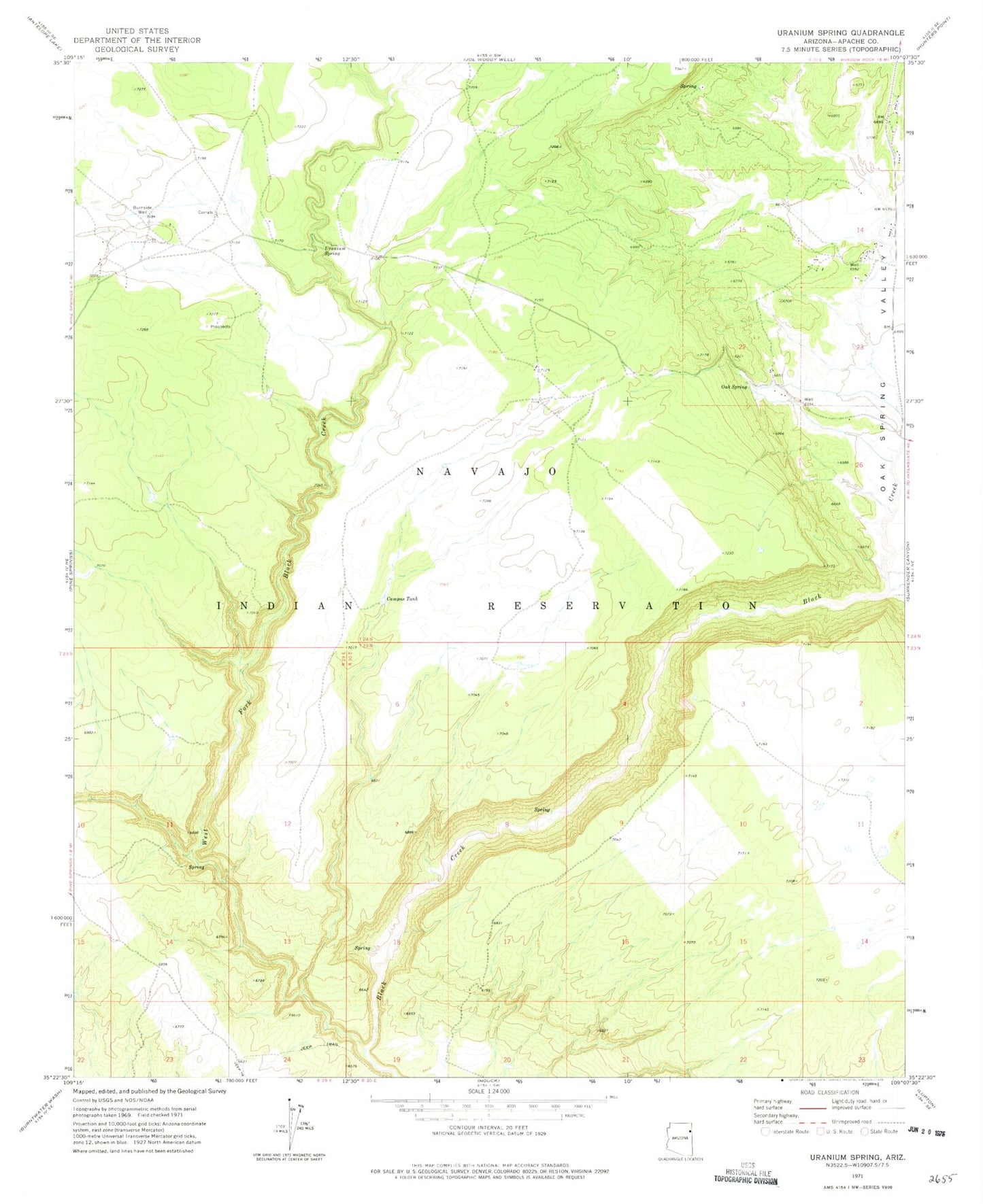 Classic USGS Uranium Spring Arizona 7.5'x7.5' Topo Map Image
