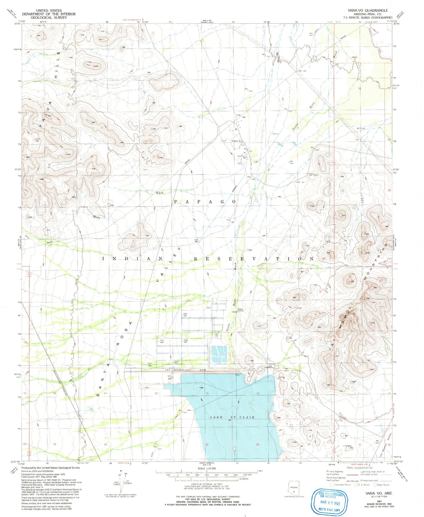 Classic USGS Vaiva Vo Arizona 7.5'x7.5' Topo Map Image