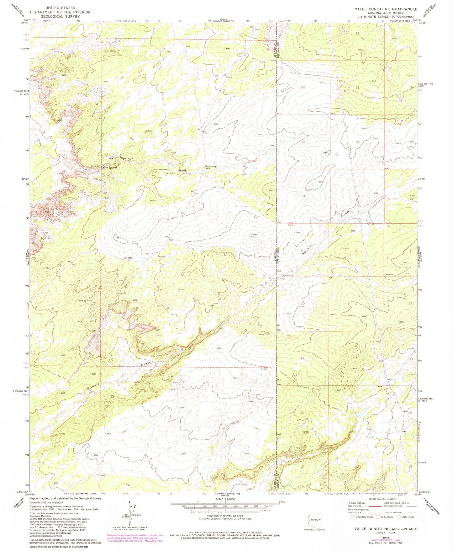 Classic USGS Valle Bonito NE Arizona 7.5'x7.5' Topo Map Image