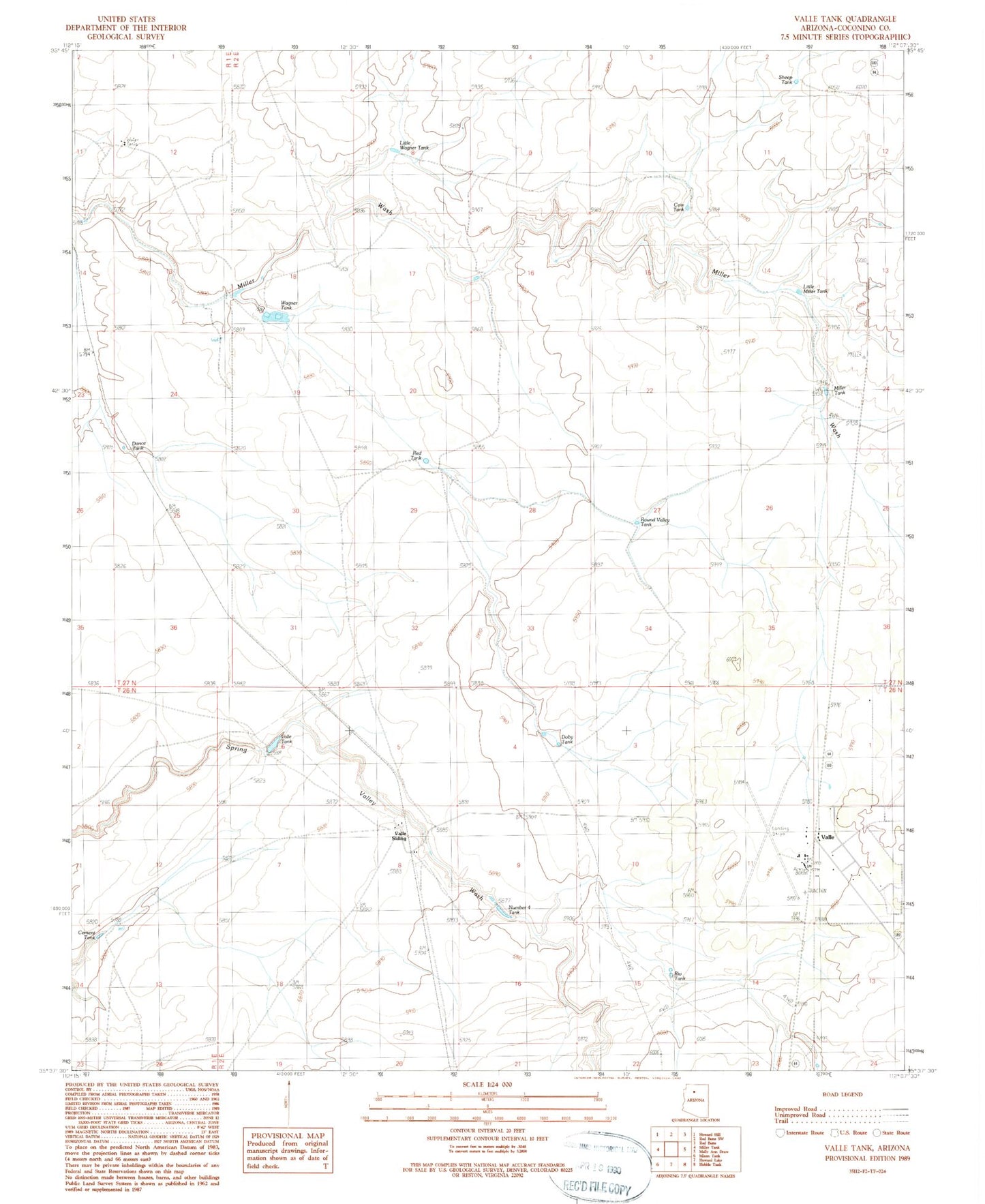 Classic USGS Valle Tank Arizona 7.5'x7.5' Topo Map Image