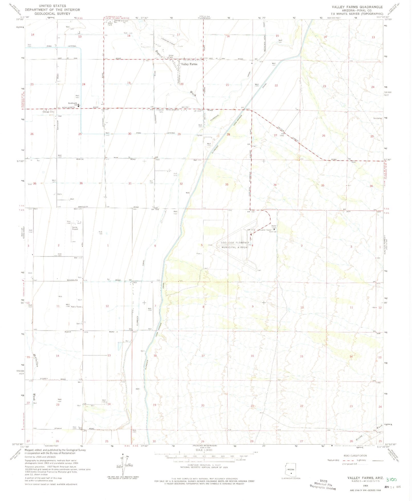 Classic USGS Valley Farms Arizona 7.5'x7.5' Topo Map Image