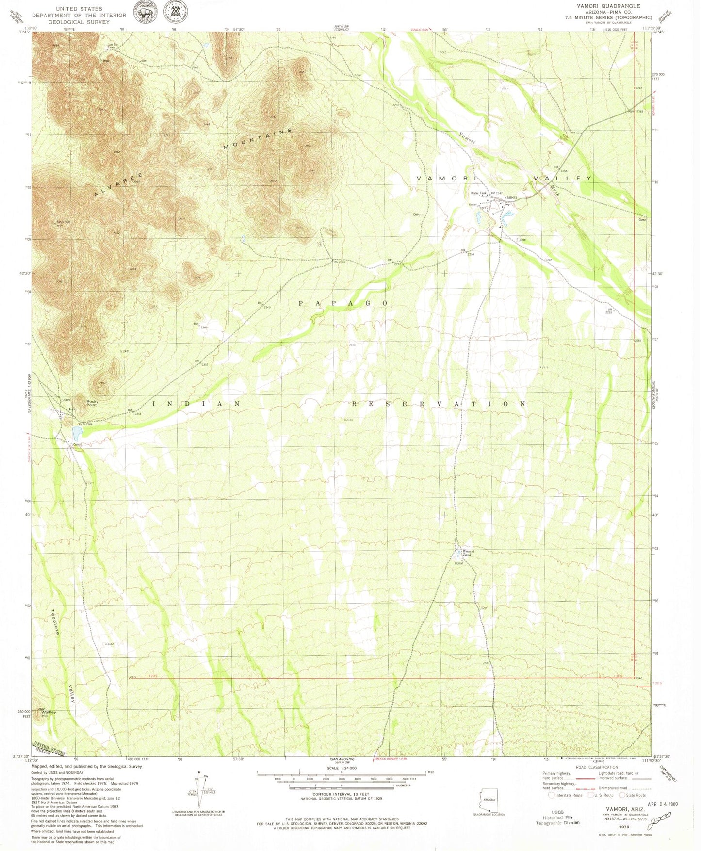 Classic USGS Vamori Arizona 7.5'x7.5' Topo Map Image
