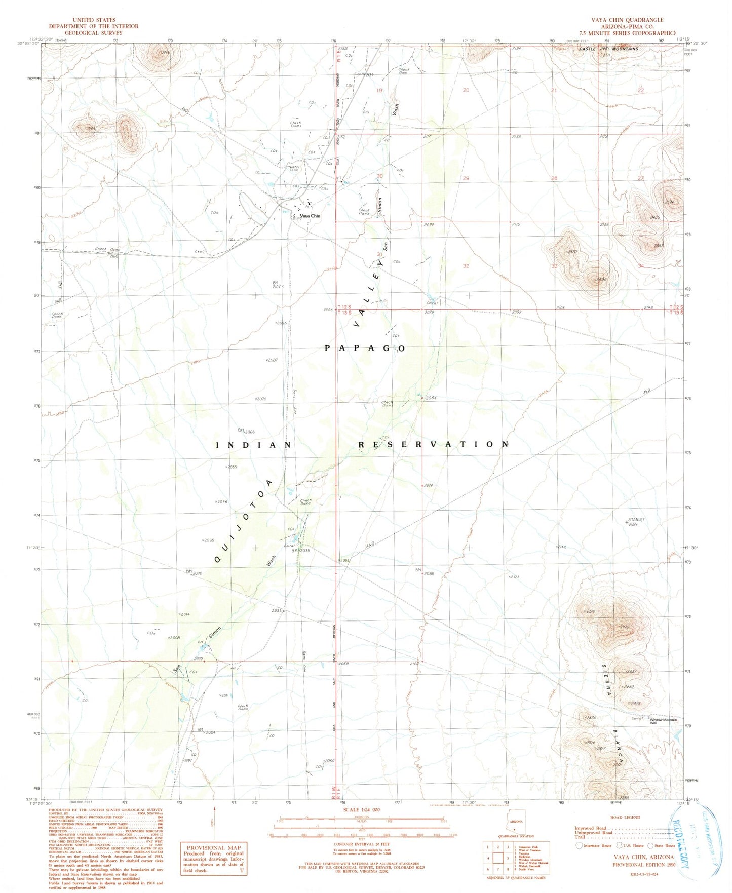 Classic USGS Vaya Chin Arizona 7.5'x7.5' Topo Map Image