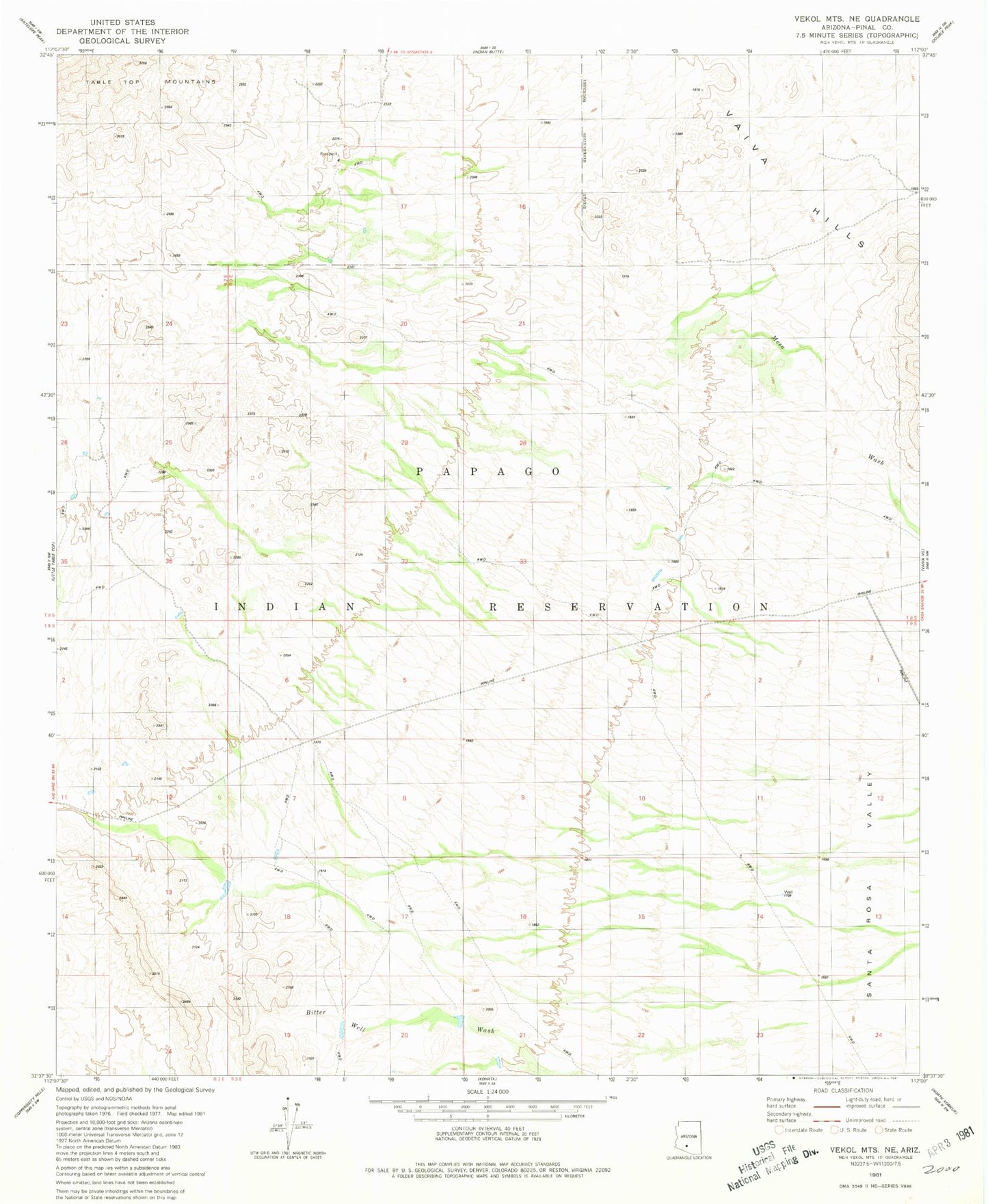 Classic USGS Vekol Mountains NE Arizona 7.5'x7.5' Topo Map Image