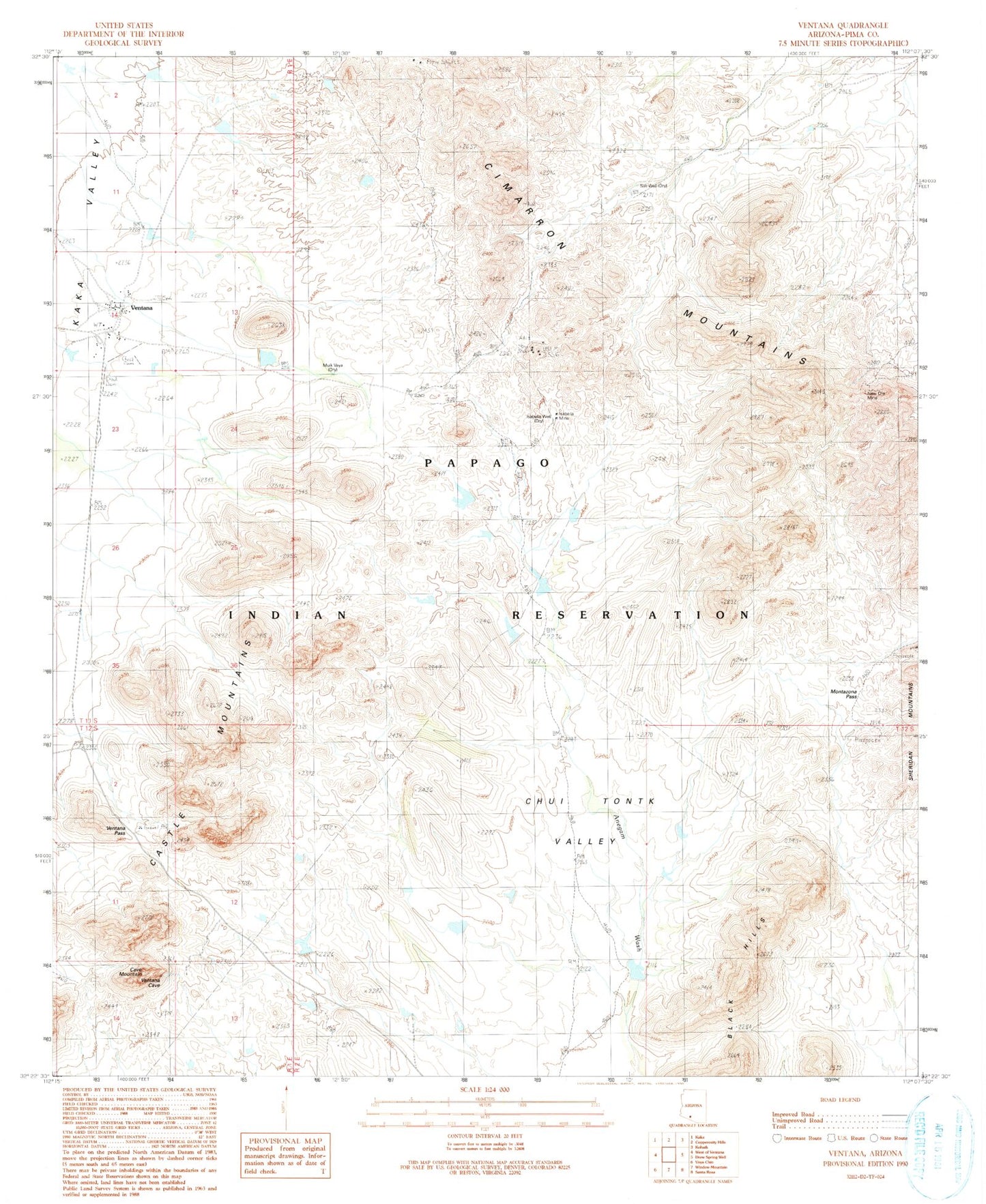 Classic USGS Ventana Arizona 7.5'x7.5' Topo Map Image