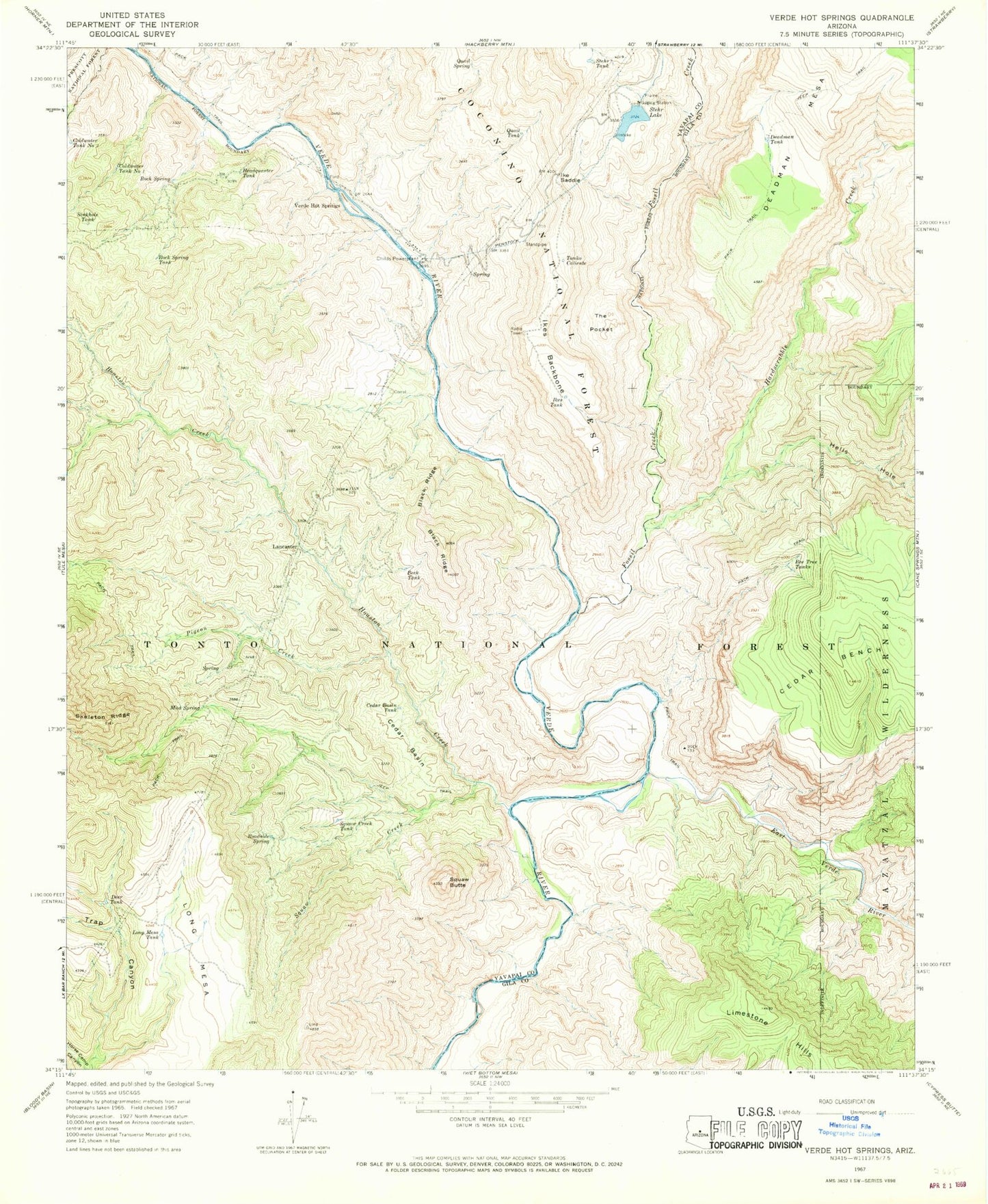 Classic USGS Verde Hot Springs Arizona 7.5'x7.5' Topo Map Image