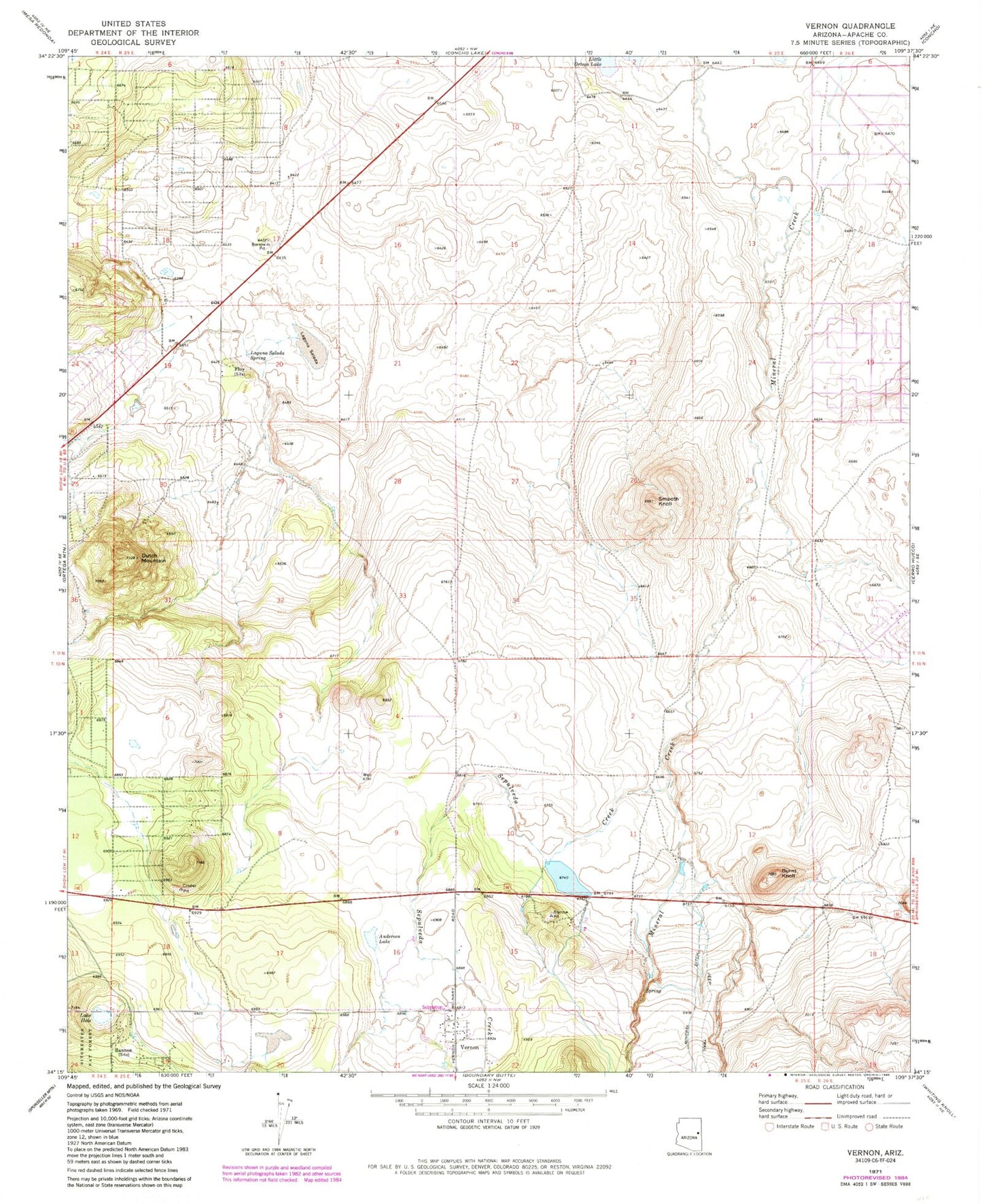 Classic USGS Vernon Arizona 7.5'x7.5' Topo Map Image