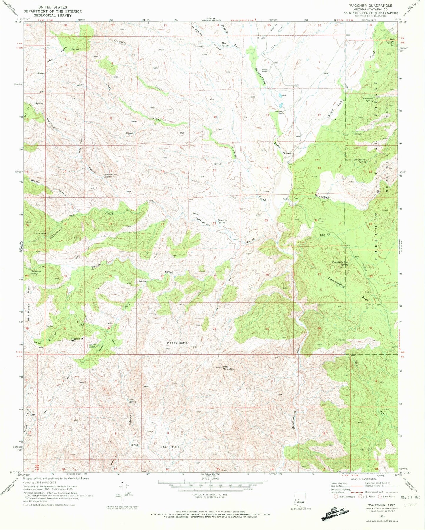 Classic USGS Wagoner Arizona 7.5'x7.5' Topo Map Image