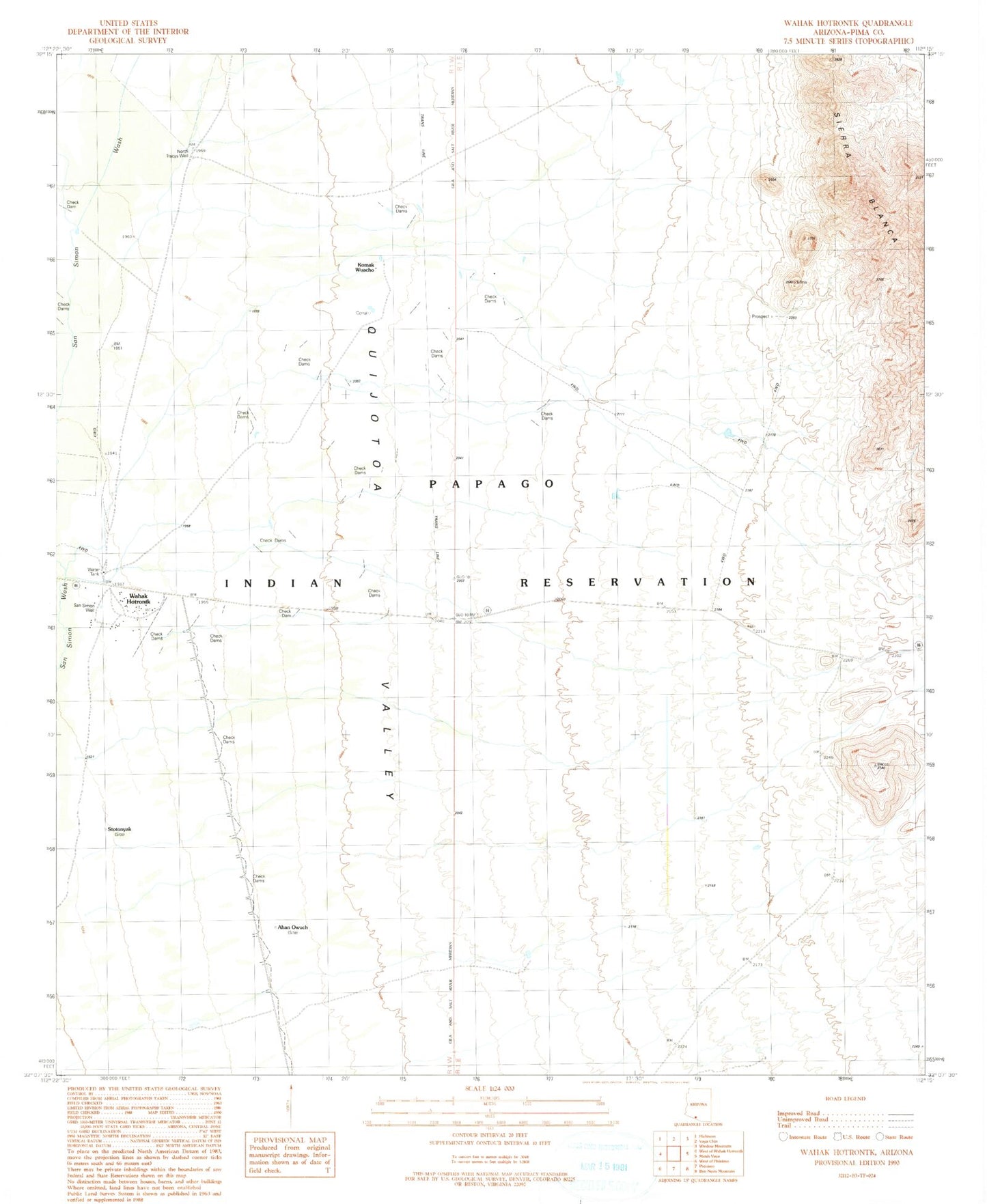Classic USGS Wahak Hotrontk Arizona 7.5'x7.5' Topo Map Image