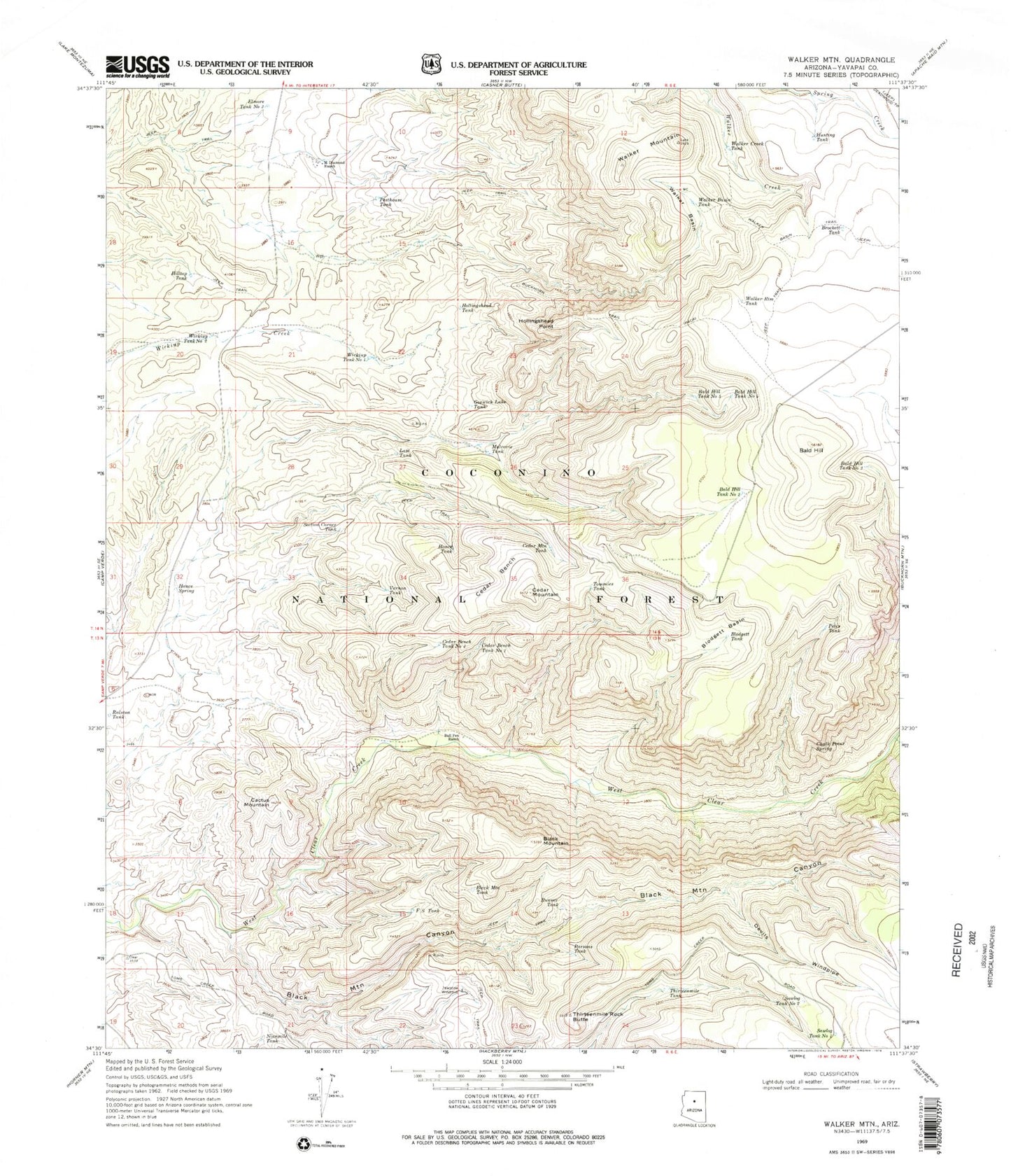 Classic USGS Walker Mountain Arizona 7.5'x7.5' Topo Map Image