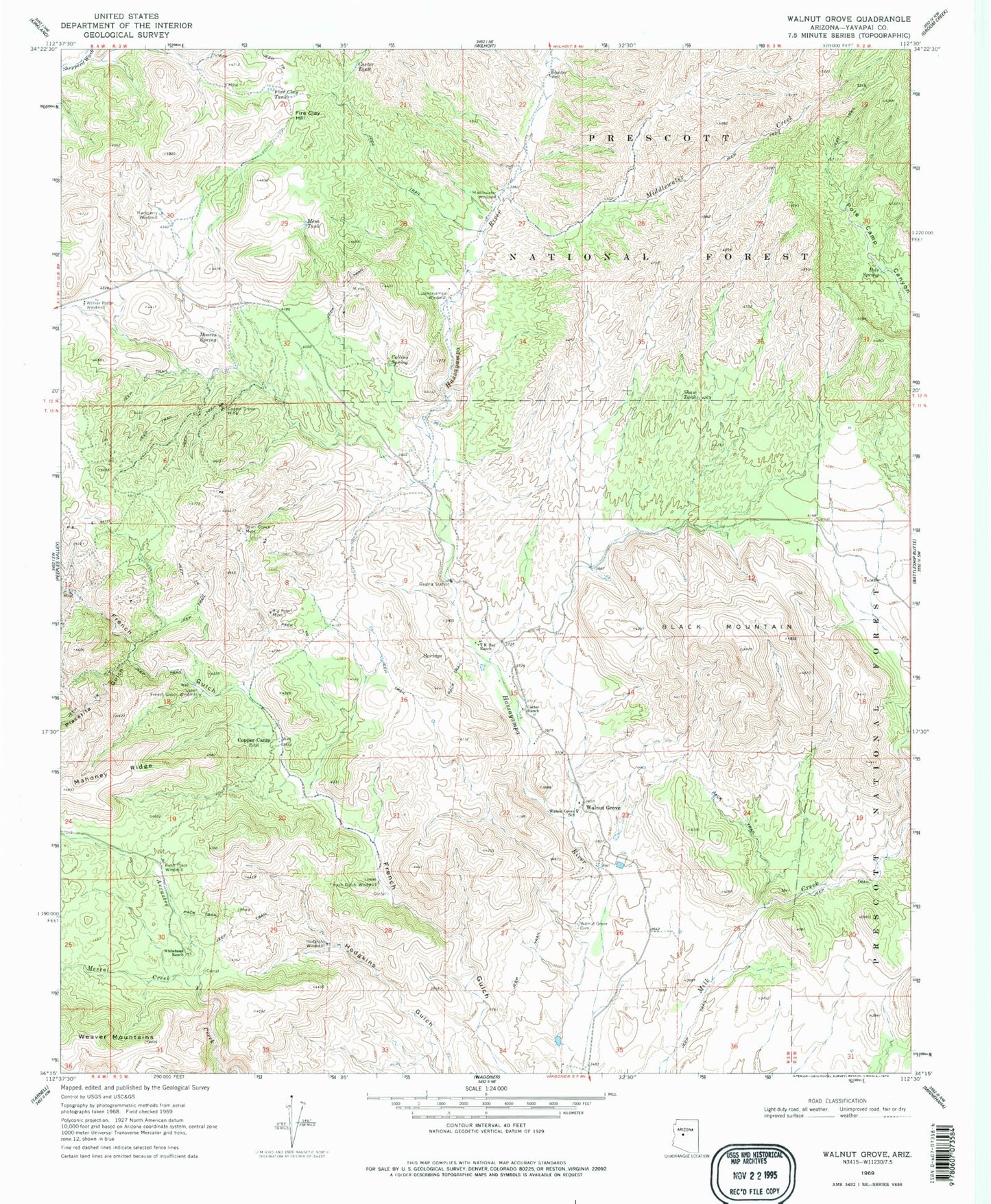 Classic USGS Walnut Grove Arizona 7.5'x7.5' Topo Map Image