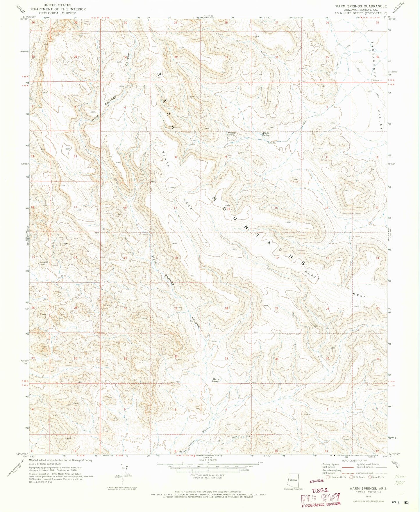 Classic USGS Warm Springs Arizona 7.5'x7.5' Topo Map Image