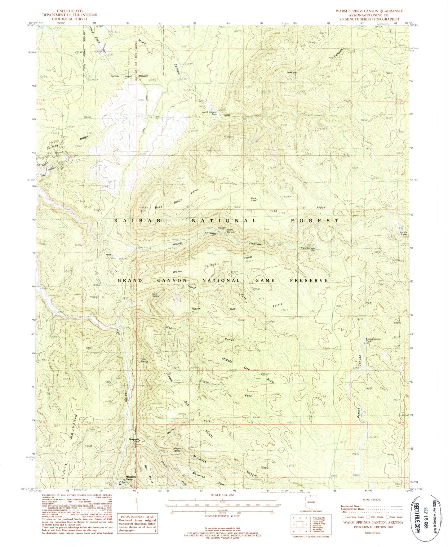 Classic USGS Warm Springs Canyon Arizona 7.5'x7.5' Topo Map Image
