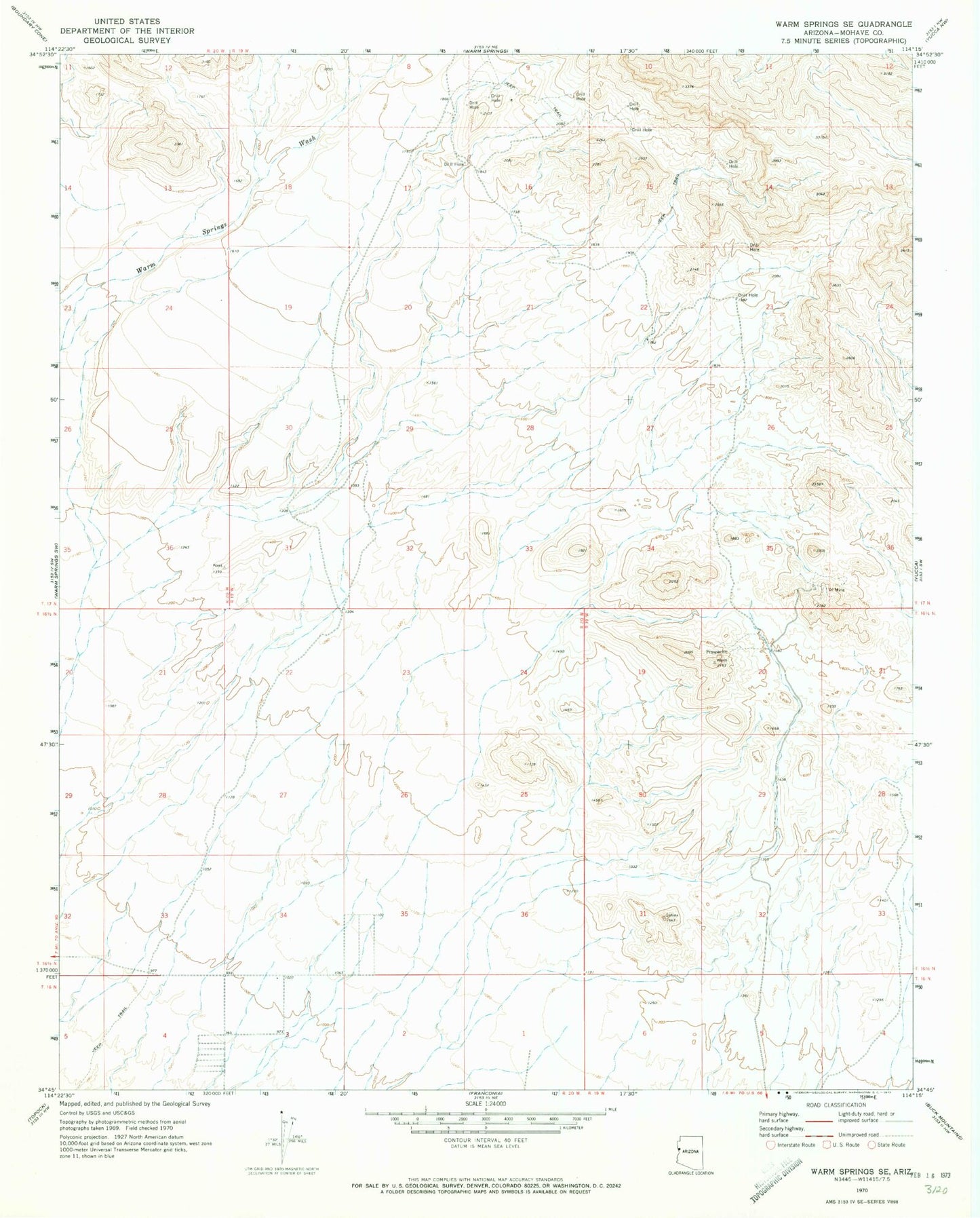 Classic USGS Warm Springs SE Arizona 7.5'x7.5' Topo Map Image